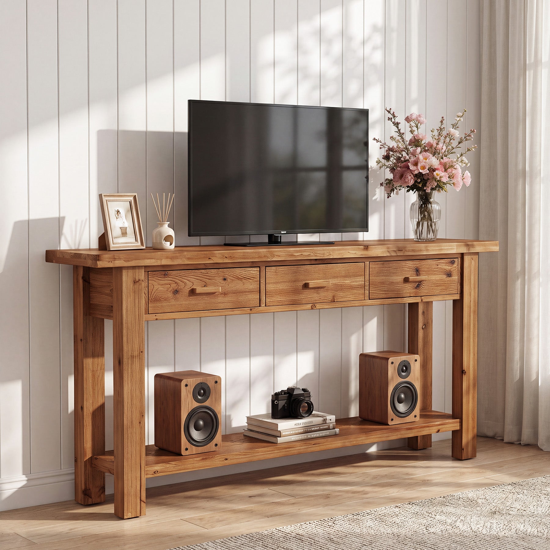 70.9" Solid Wood Console Table, Entryway Table with 3 Drawers For Living Room