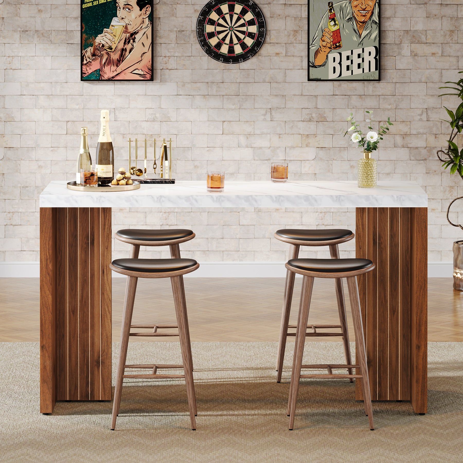 55" Counter Height Bar Unit with Faux Marble Top, Rectangular Home Pub Table