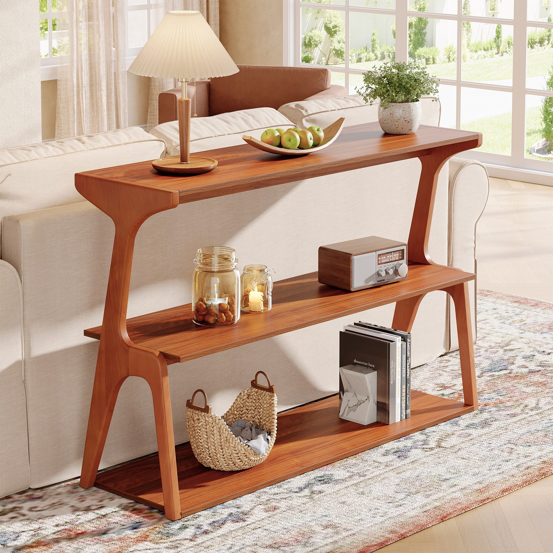 3-Tier Console Table, 47" Narrow Entryway Sofa Table with Solid Wood Legs