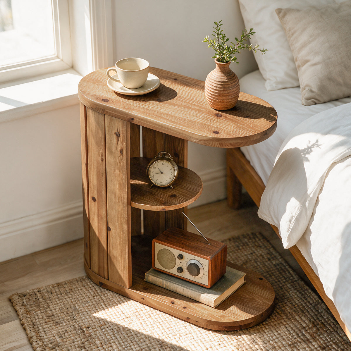 Rustic Solid Wood C-Shaped Side Table with Storage, Narrow Sofa End Table