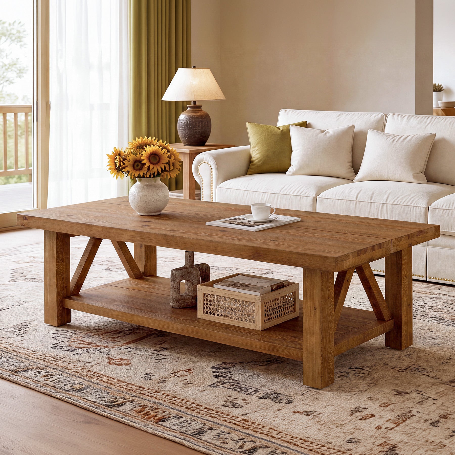 55" Rectangular Coffee Table, 2-Tier Solid Wood Center Table for Living Room