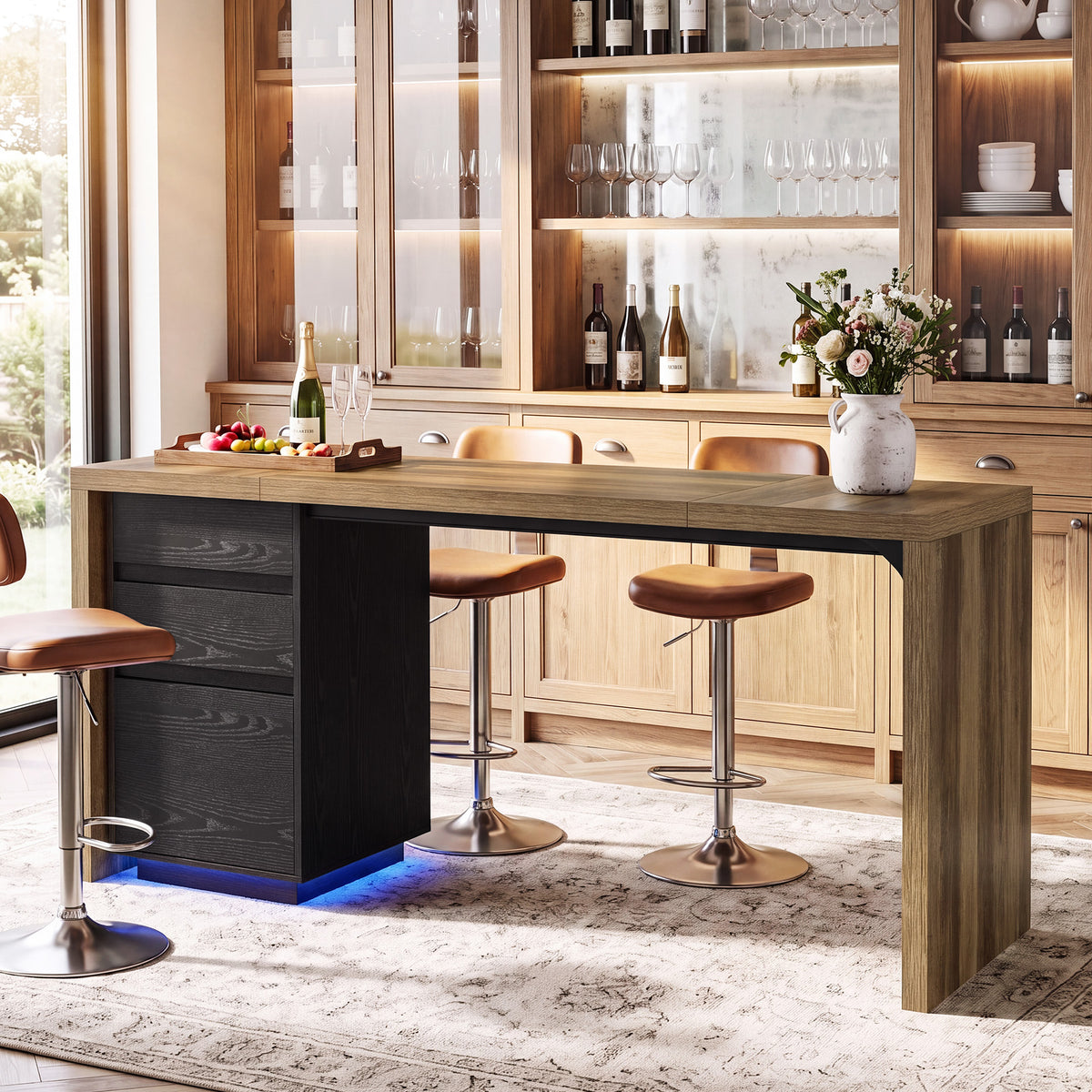 79" Counter Height Bar Table with 3 Drawers & LED Lights, Long Pub Table