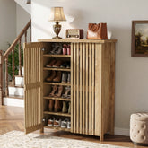 6-Tier Shoe Cabinet, Farmhouse Shoe Storage Organizer with 2 Louvered Doors 3