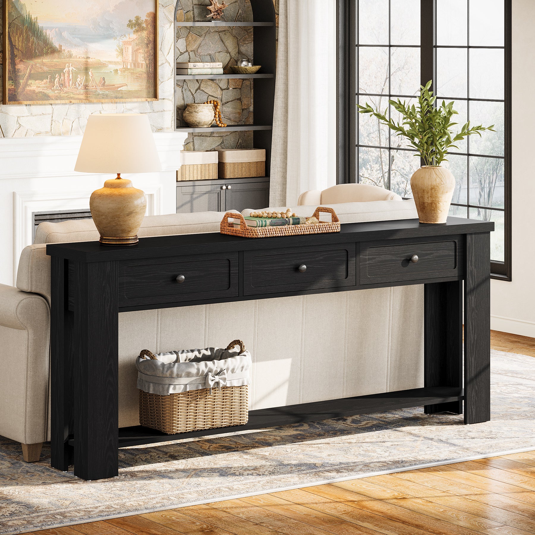 70.9" Extra-Long Console Table with 3 Drawers, Narrow Farmhouse Entryway Sofa Table with Shelf for Hallway or Behind Couch