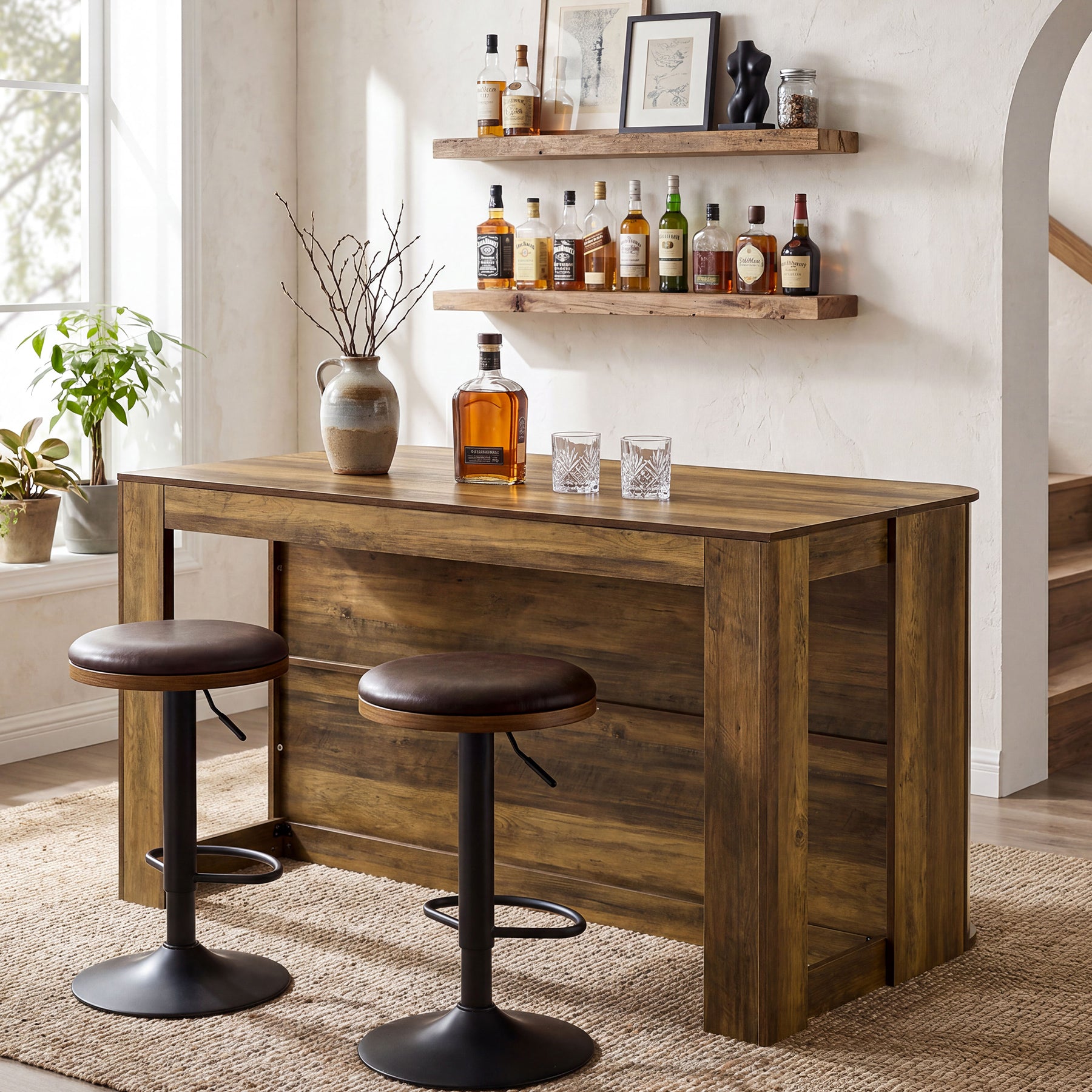 55" Kitchen Island, Farmhouse Stationary Island Table with 2-Tier Storage Shelves