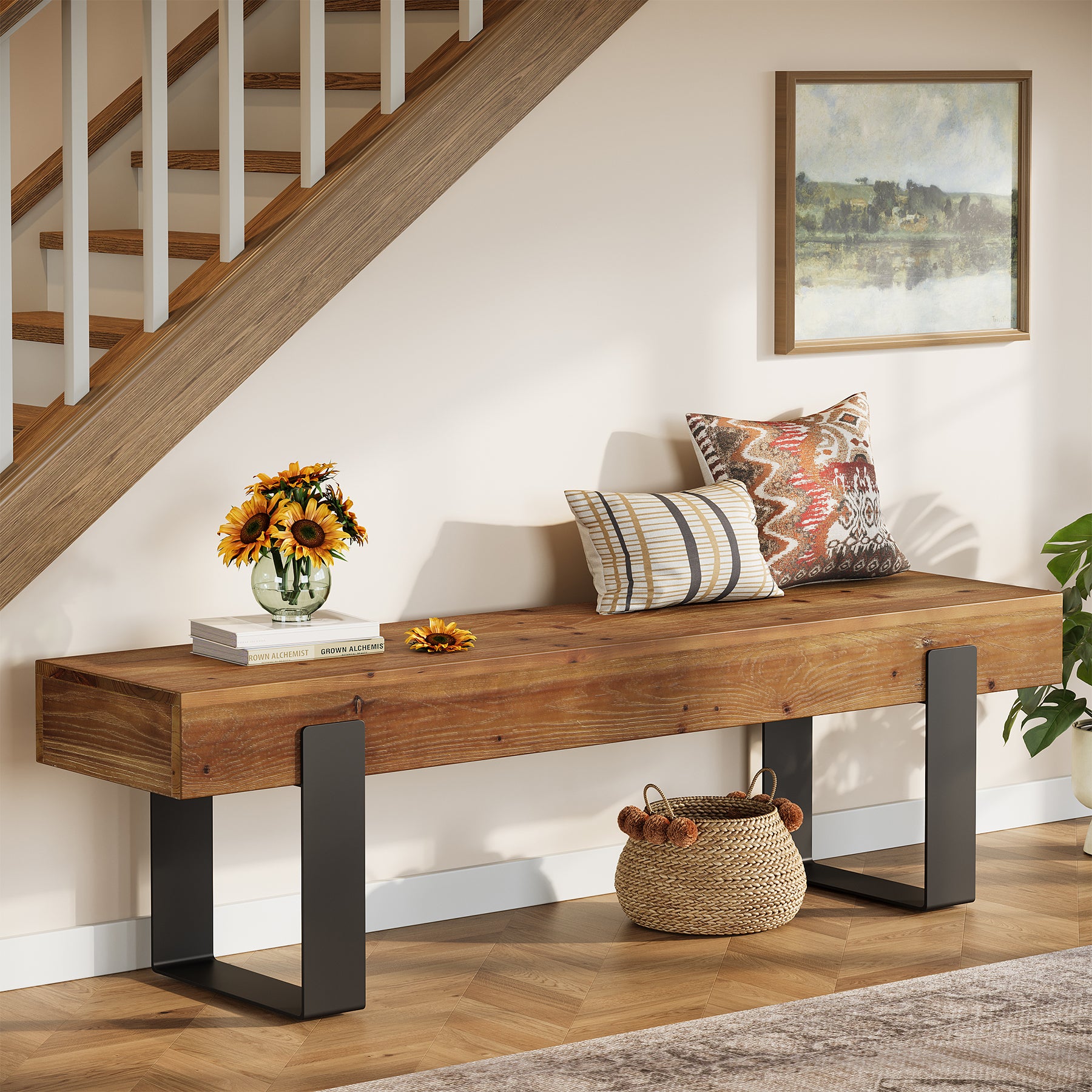 63" Industrial Entryway Bench, Farmhouse Wood Shoe Bench End of Bed Stool with Metal Legs