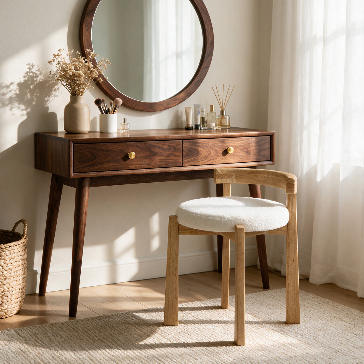 Upholstered Vanity Stool, Makeup Chair with Faux Wool Cushion and Solid Wood Frame (Only Stool)