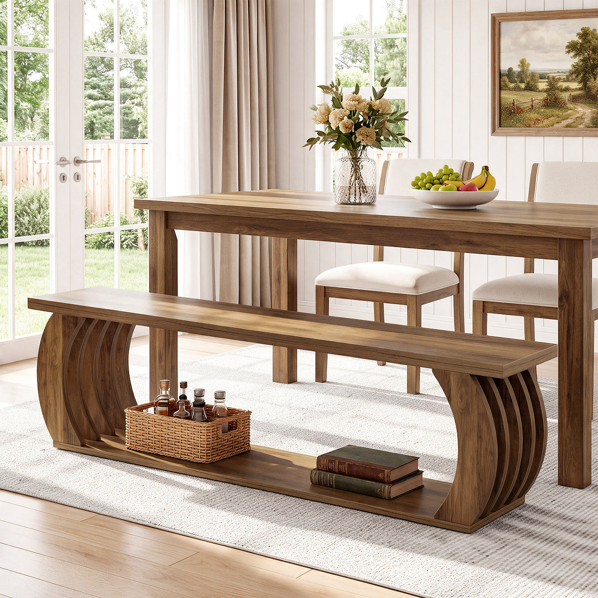 63" Farmhouse End of Bed Bench with Storage, 2-Tier Curved Hollow Legs