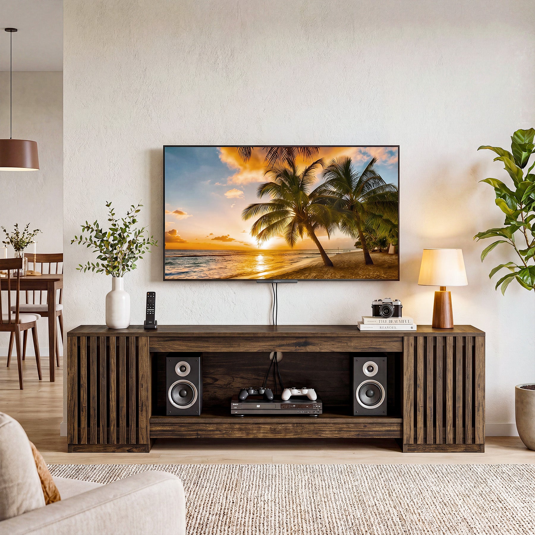 78" TV Stand for Up to 85" TVs, Farmhouse TV Console Table with Cabinets & Open Shelf