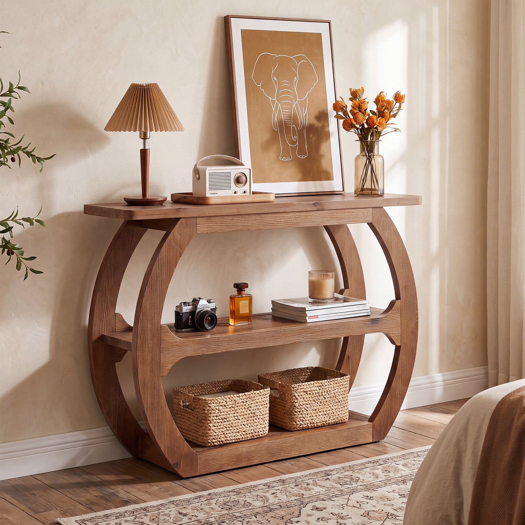 41" Farmhouse TV Stand for 55" TV, 3-Tier Solid Wood Small Entertainment Center, TV Console
