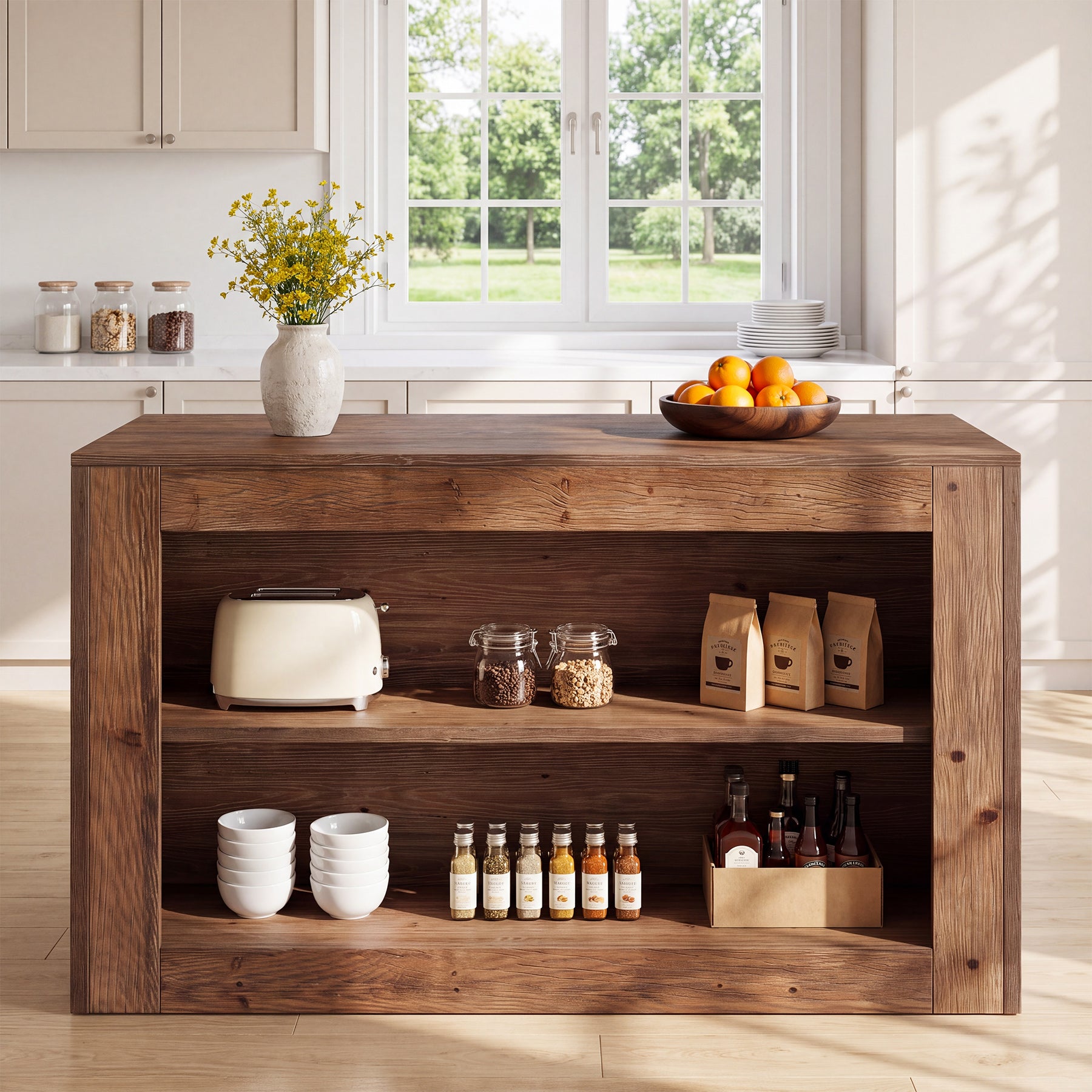 55" Solid Wood Kitchen Island, Farmhouse Stationary Table with 2-Tier Storage for Kitchen