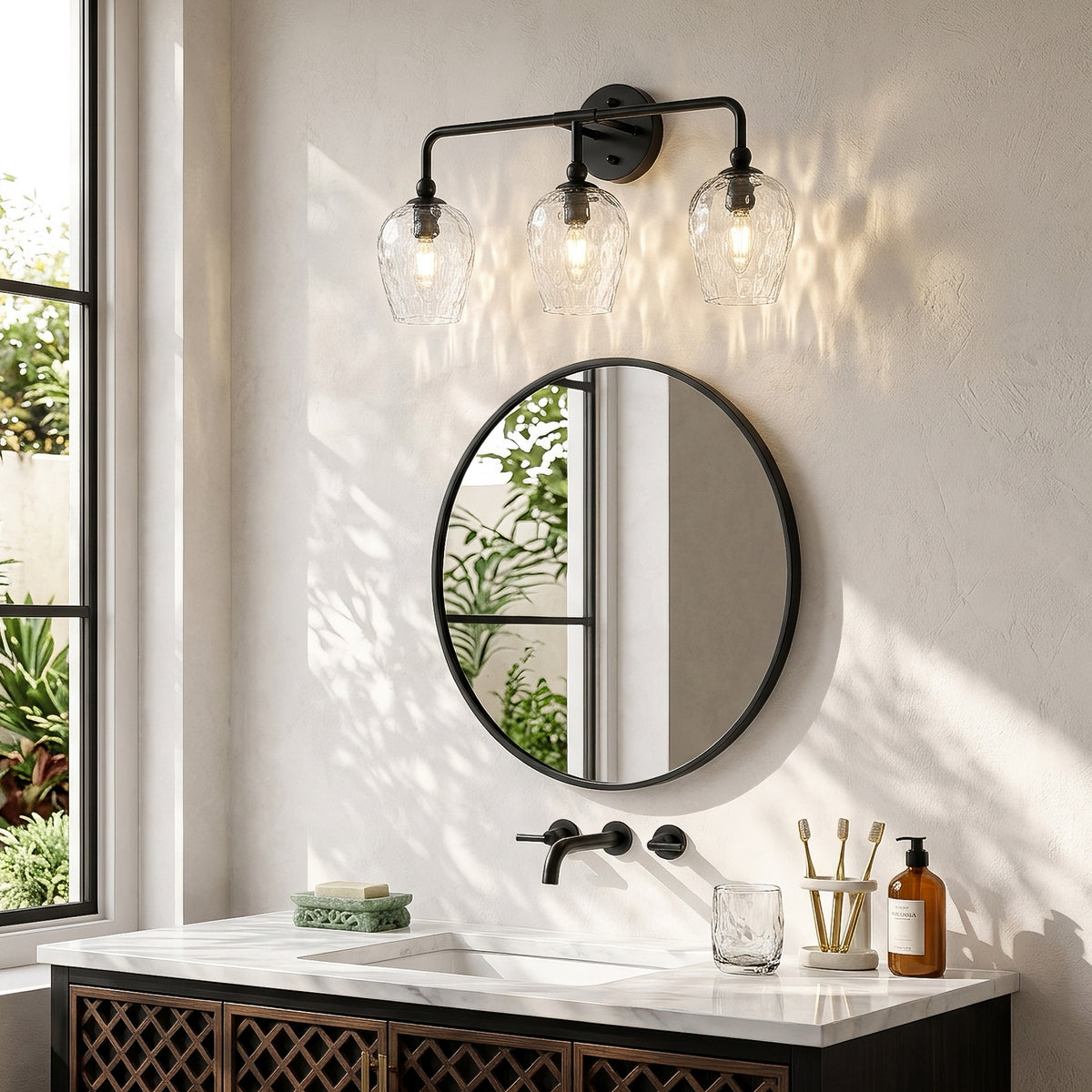 3-Light 22" Bathroom Vanity Light, Matte Black Wall Sconce with Water Ripple Glass