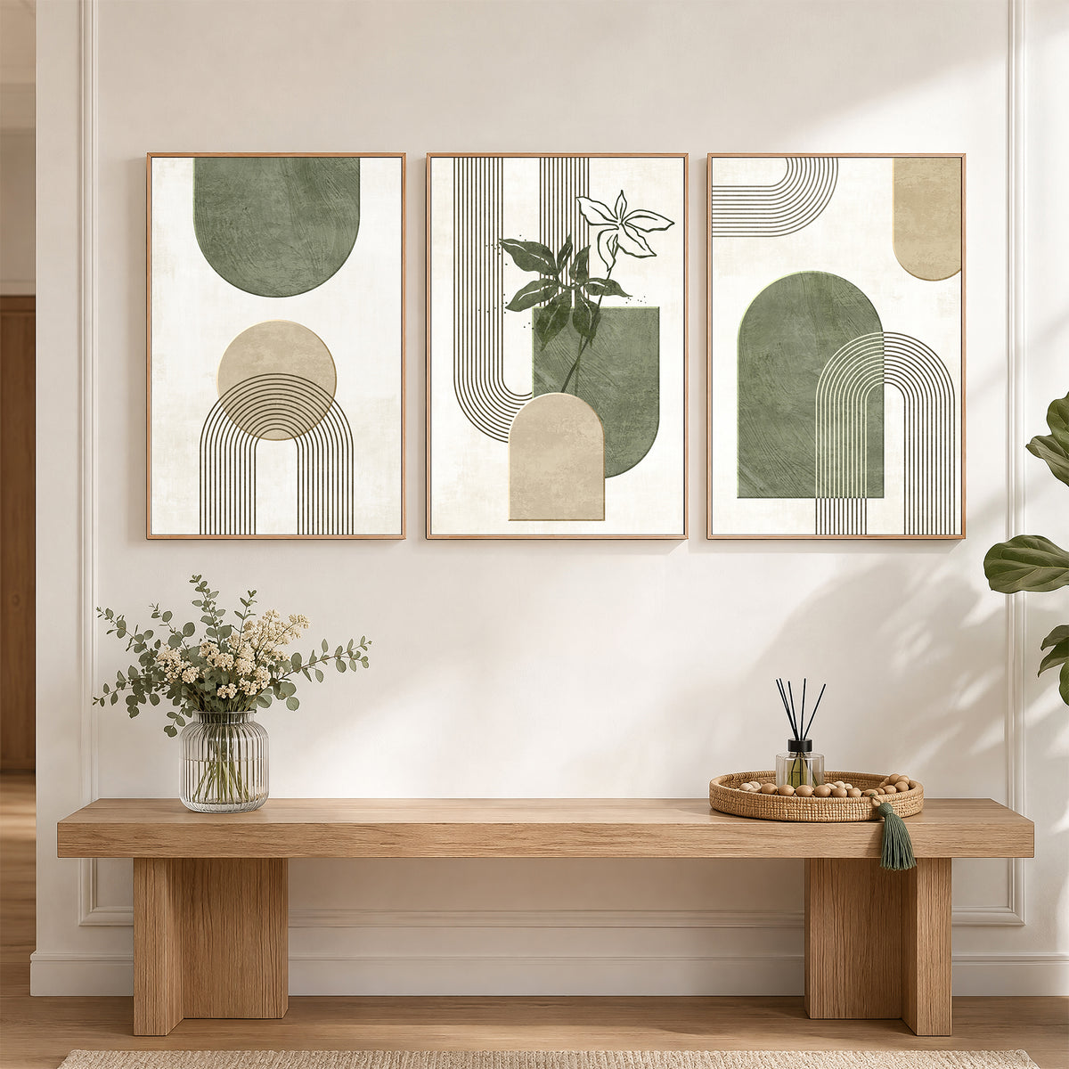 Geometric Modern Abstract Canvas Wall Art, Farmhouse Botanical Leaf Picture Hanging Artwork for Bedroom Bathroom Office Decor