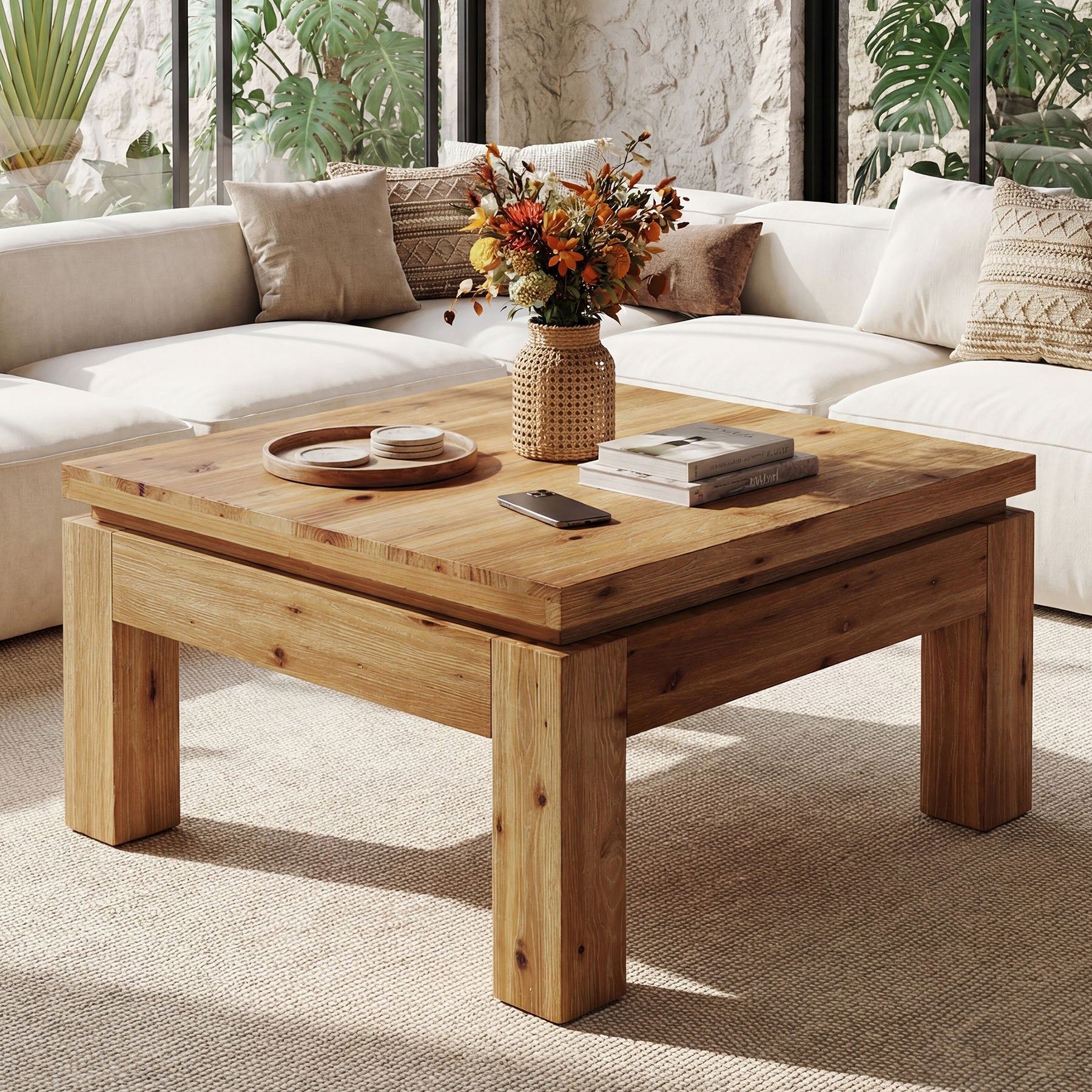 Tribesigns 31.5" Square Coffee Table with Solid Wood Build, Farmhouse Table for Living Room and Small Spaces
