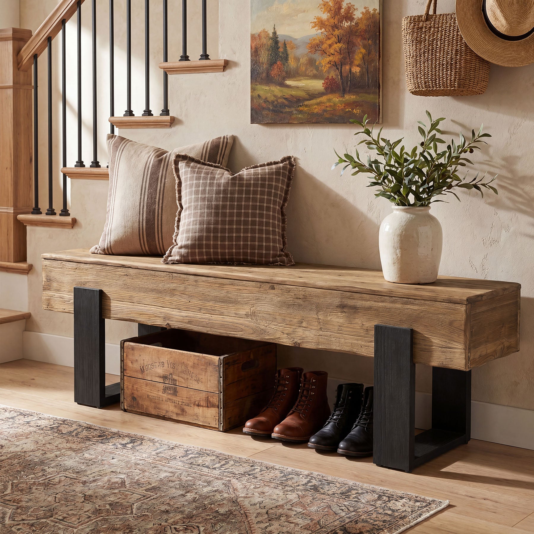 63" Solid Wood Entryway Bench, Farmhouse Indoor Shoe Bench End of Bed Bench