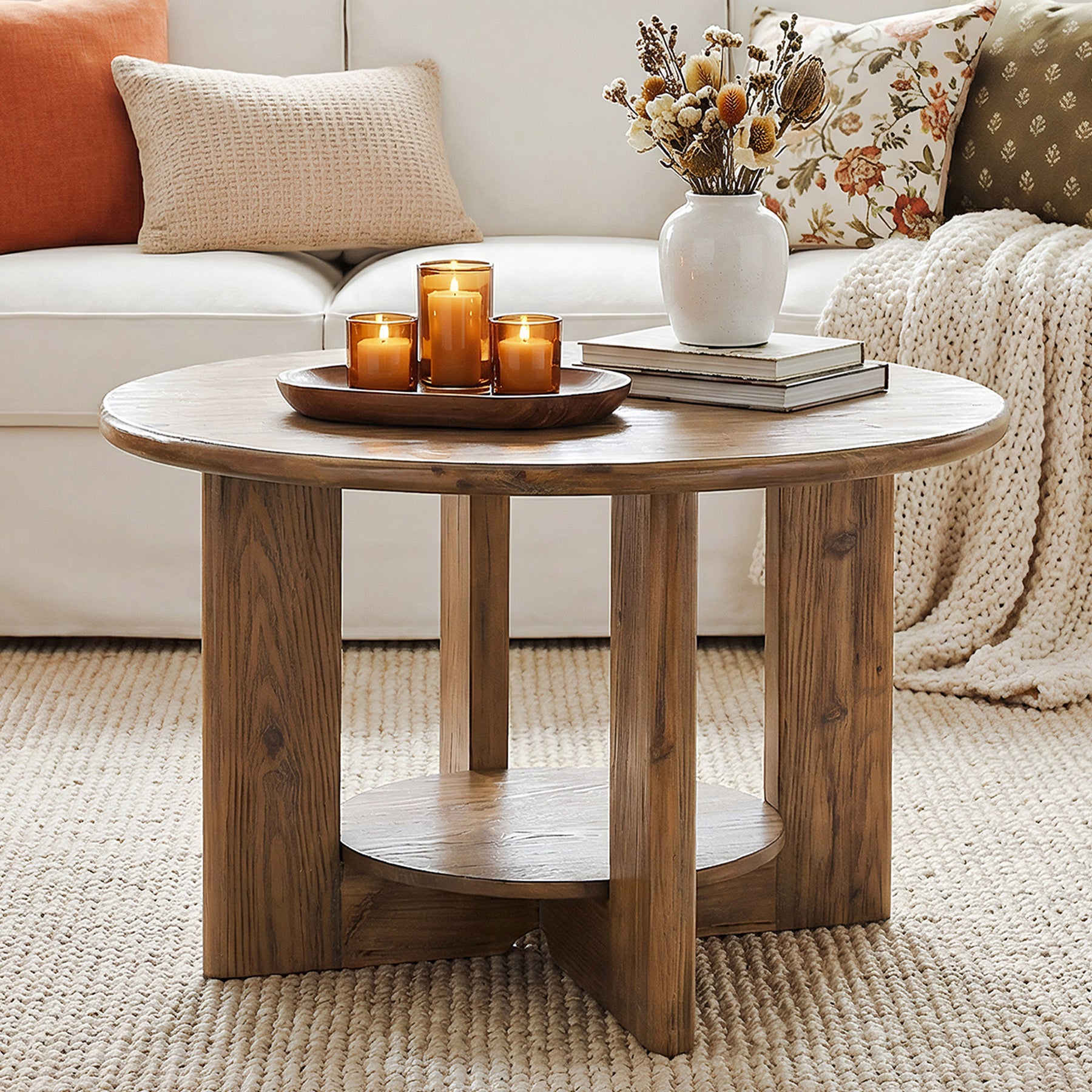 Solid Wood Round Coffee Table, 2-Tier Accent Center Table with Storage