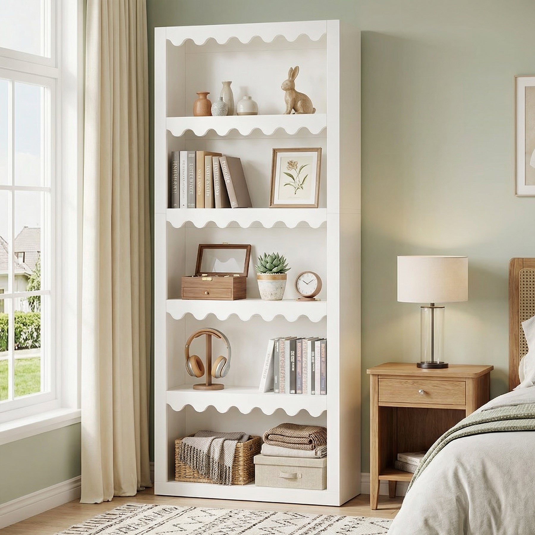 70" Bookcase, Modern 5-Tier Bookshelf Storage Organizer with Scalloped Edges