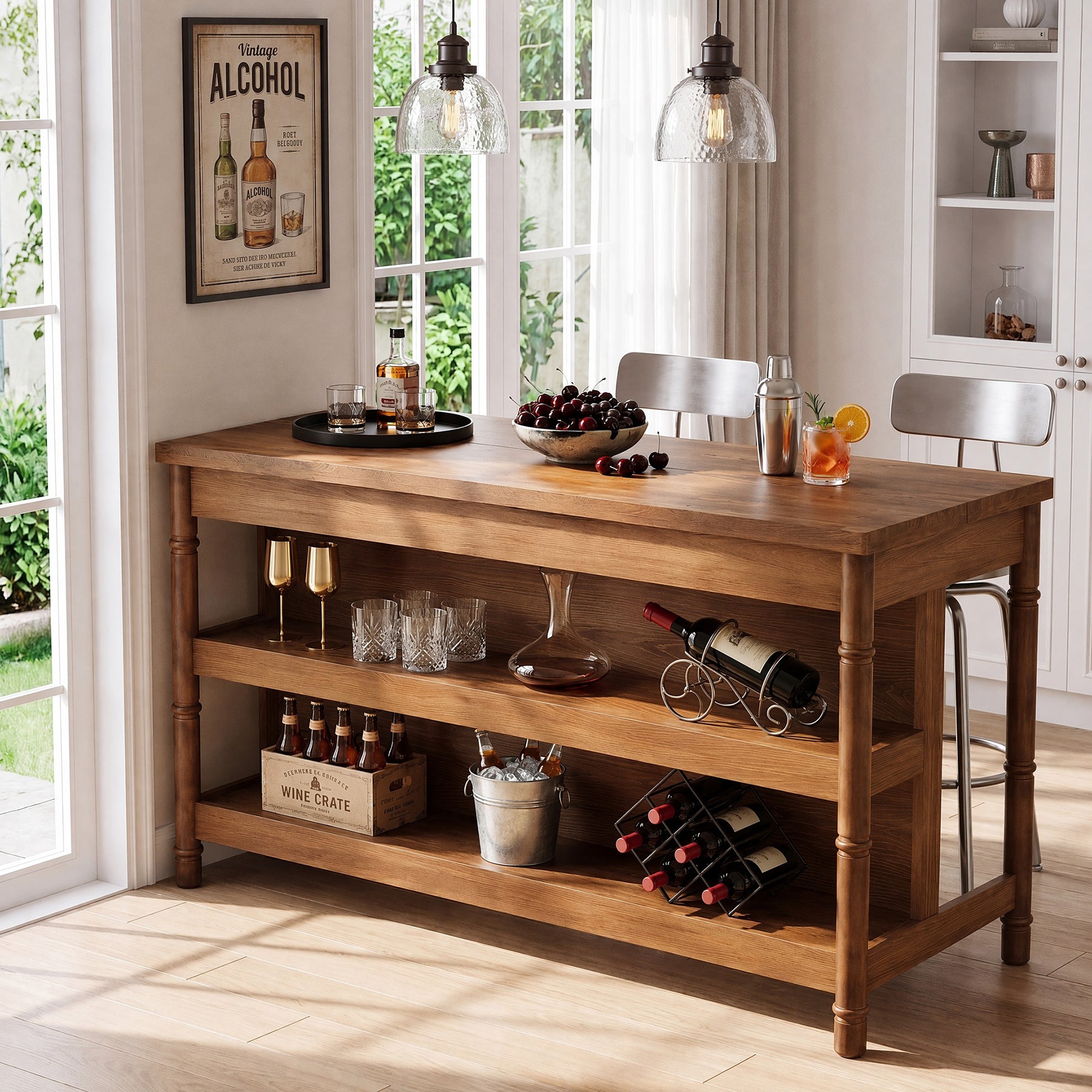 63" Counter Height Bar Table with Storage, Solid Wood Farmhouse Kitchen Bar Table, 3-Tier Shelves