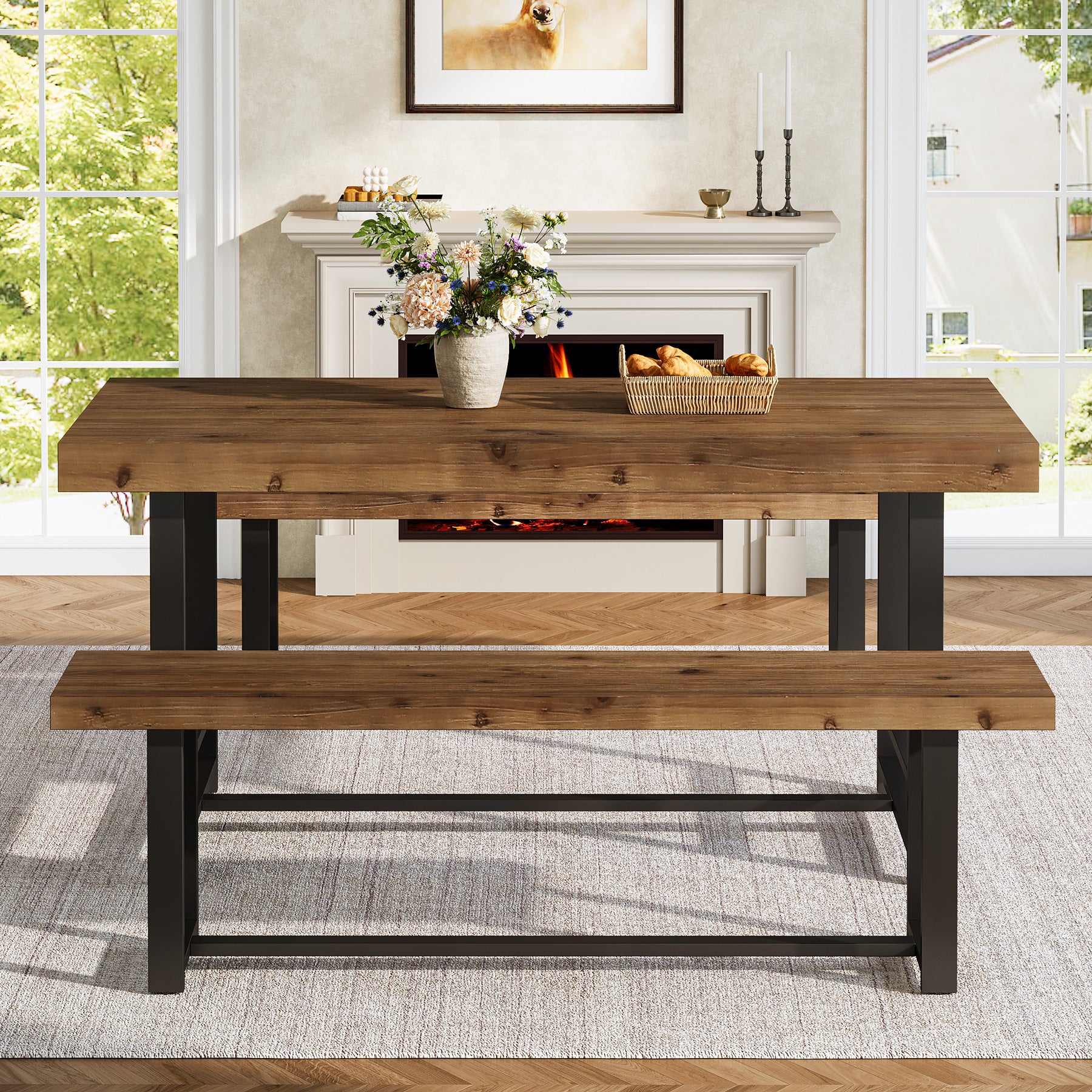 55" Dining Table Set, Solid Wood 3-Piece Rectangle Dinette Set with 2 Benches
