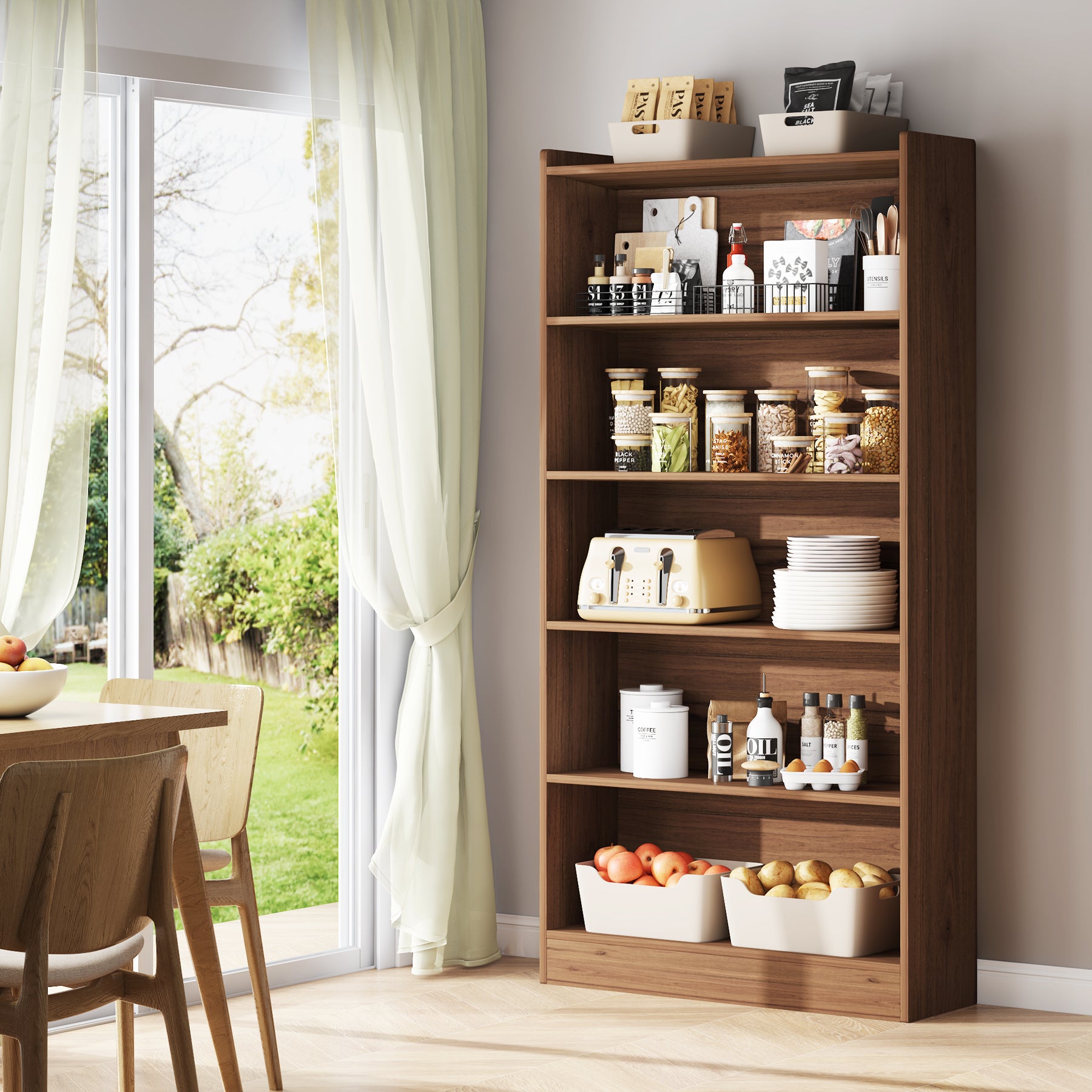 72" Tall Bookcase with 6 Open Shelves, Freestanding Wood Bookshelf