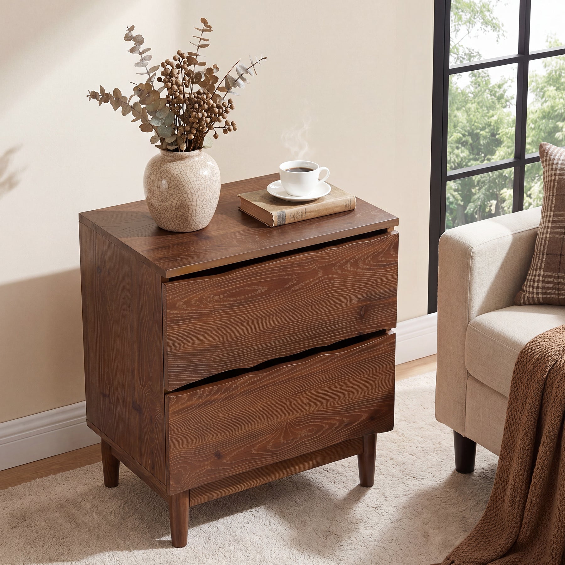 23.6" Solid Wood Nightstand, Mid-Century End Table with 2 Storage Drawers