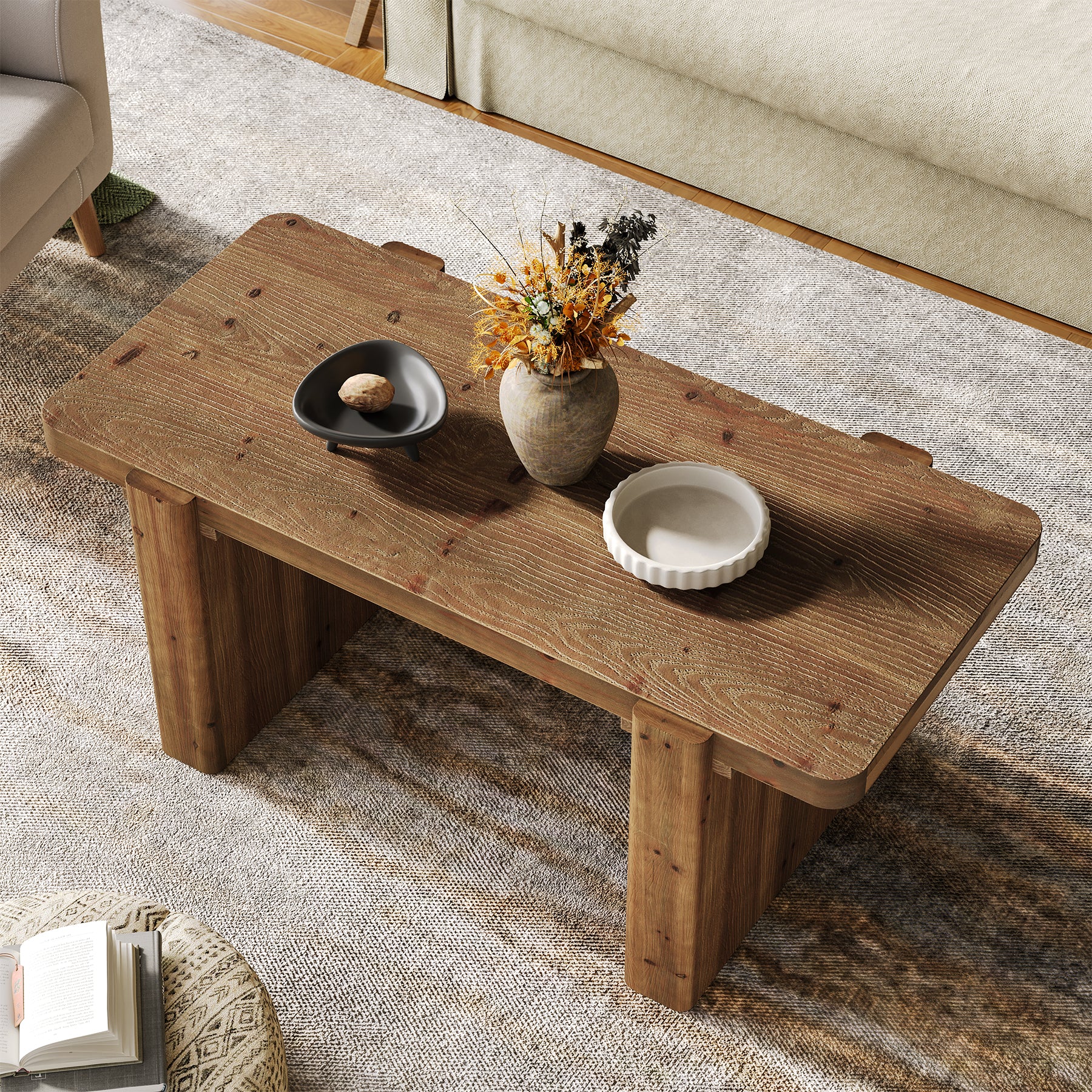 47" Solid Wood Coffee Table, Rectangular Center Table with Heavy-Duty Legs