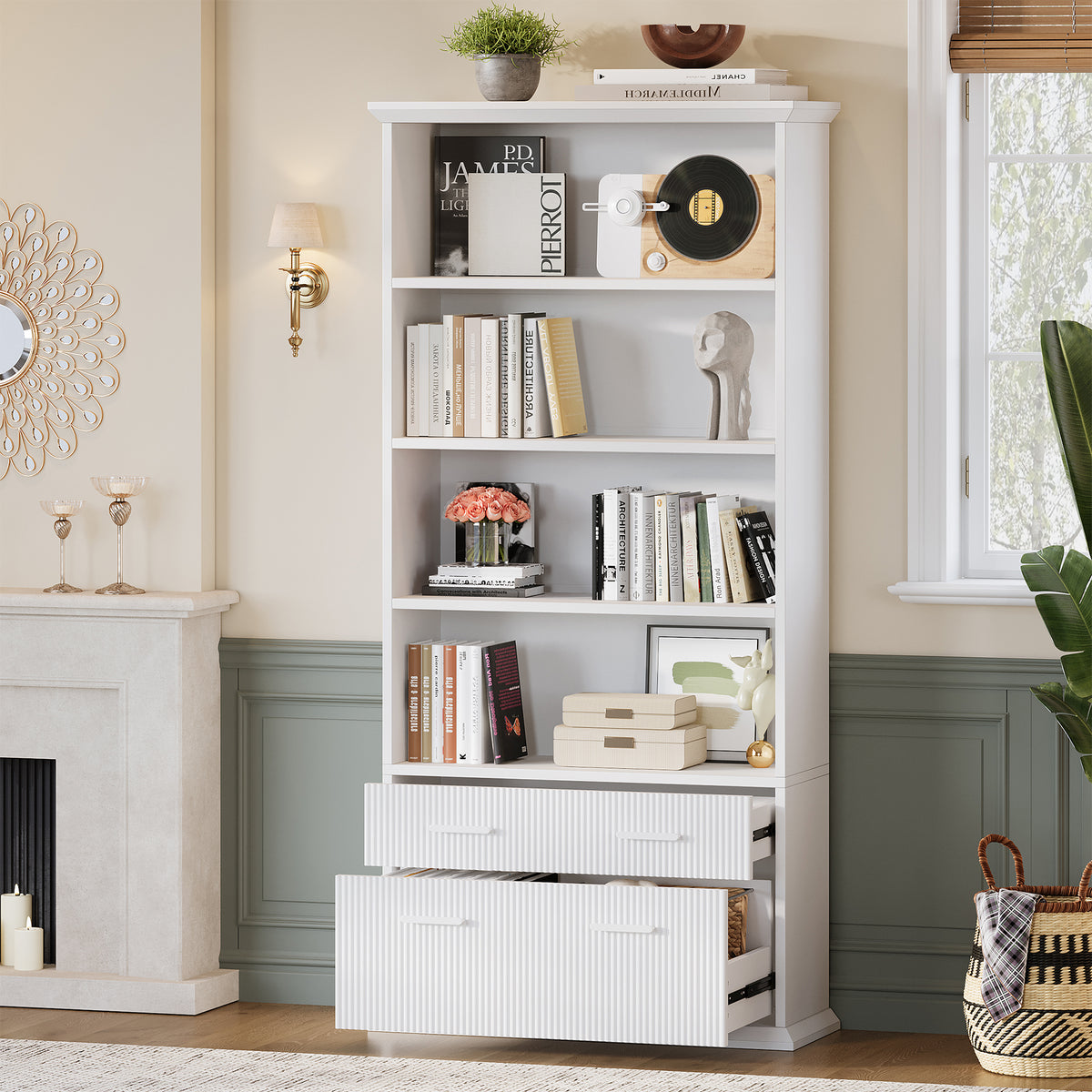 71" Tall Bookshelf Bookcase with 2 Drawers & 4-Tier Open Shelves for Home Office