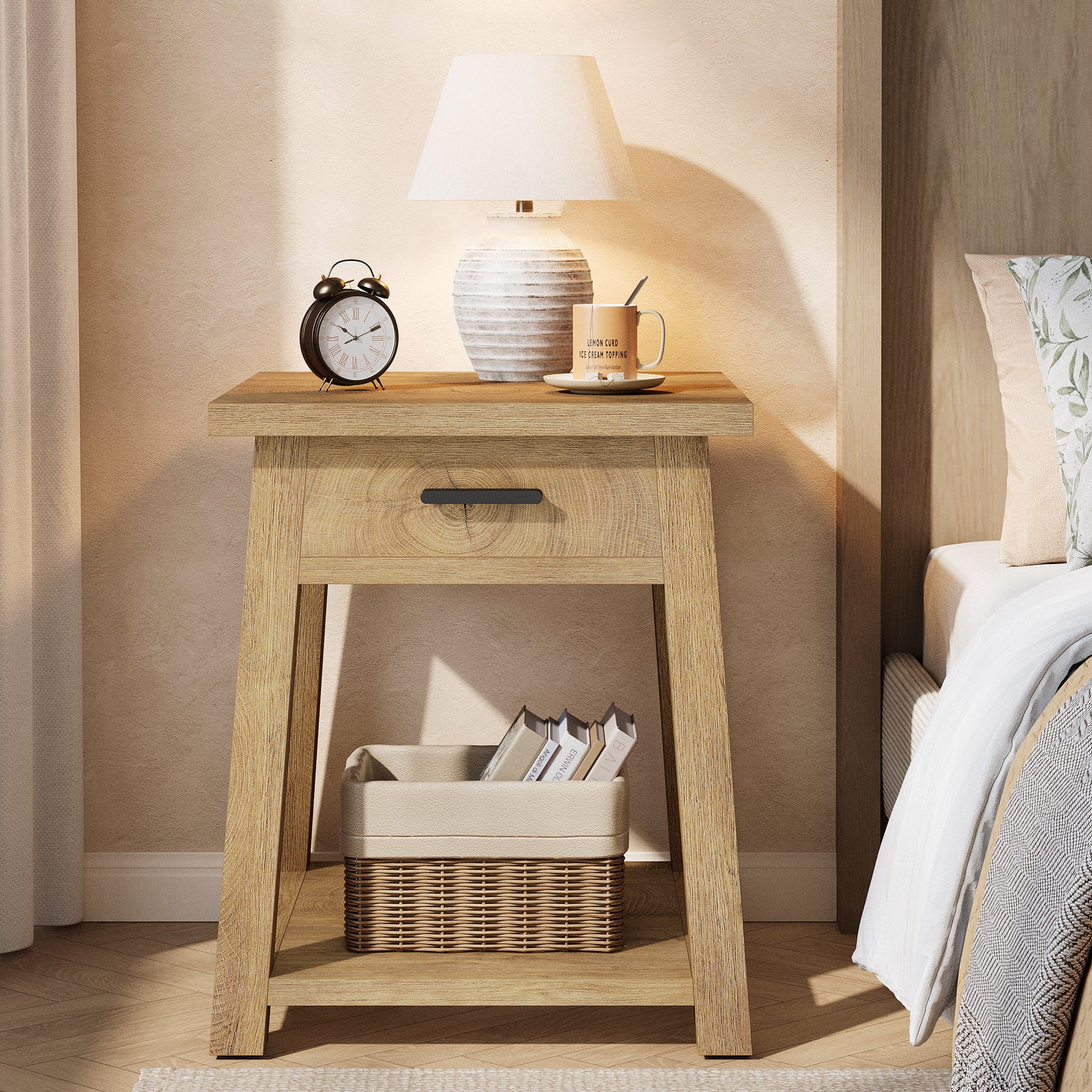 End Table with Drawer, 2-Tier Wooden Side Table with Shelf Storage - Thumbnail 2