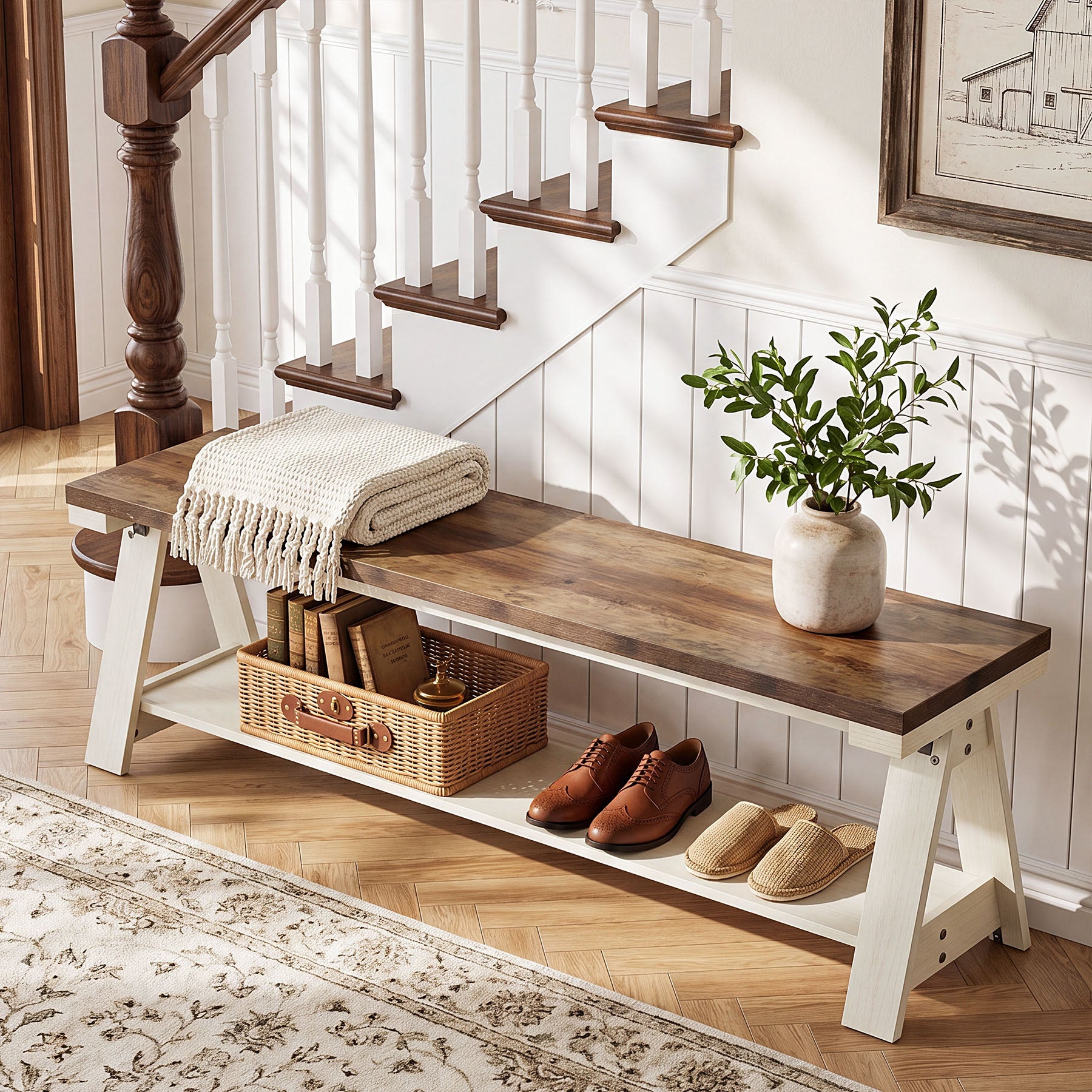 59 Inch Wooden Entryway Bench with Open Shelves, Farmhouse 2-Tier Storage Bench for Hallway