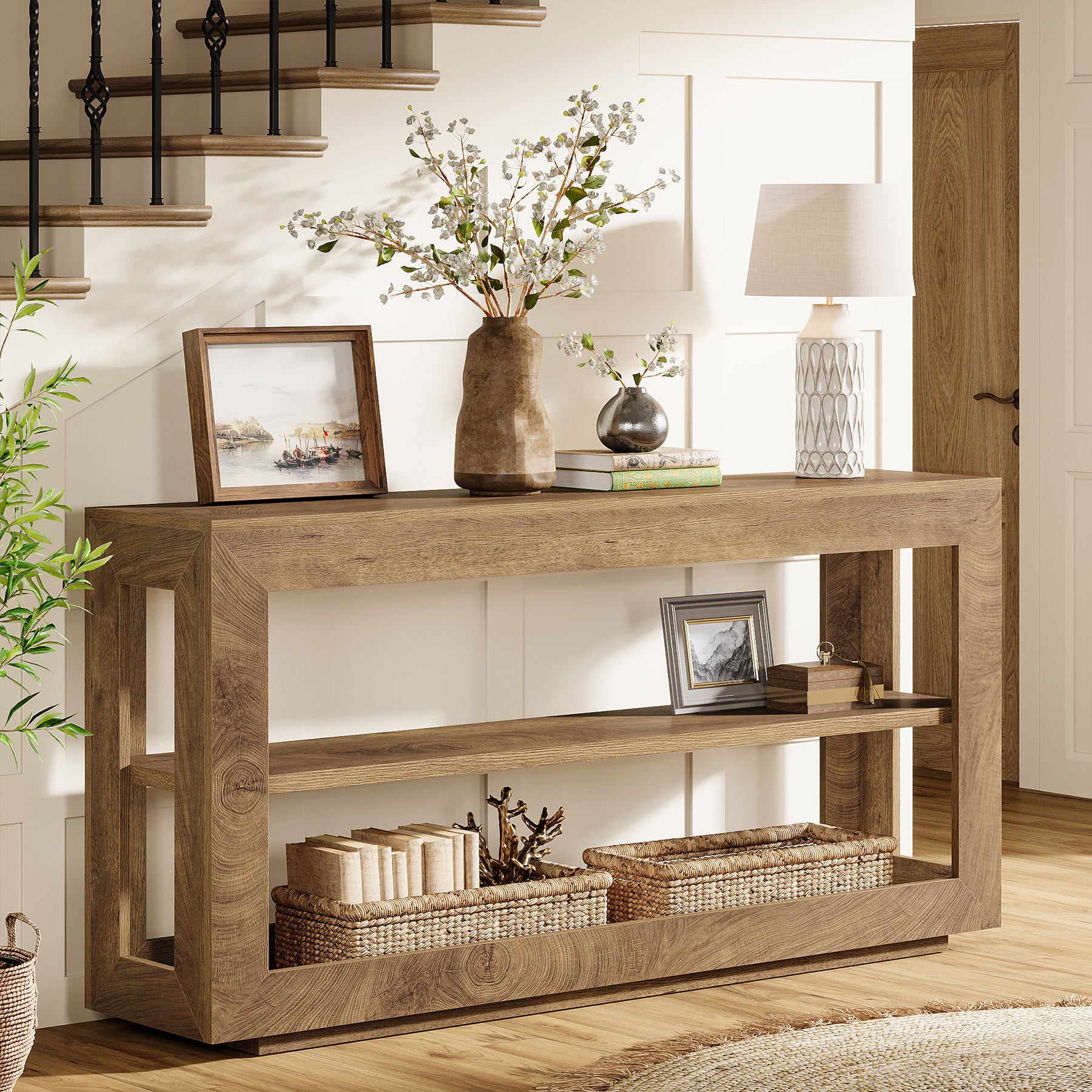 63" Console Table, Farmhouse Entryway Table with 3-Tier Storage Shelf