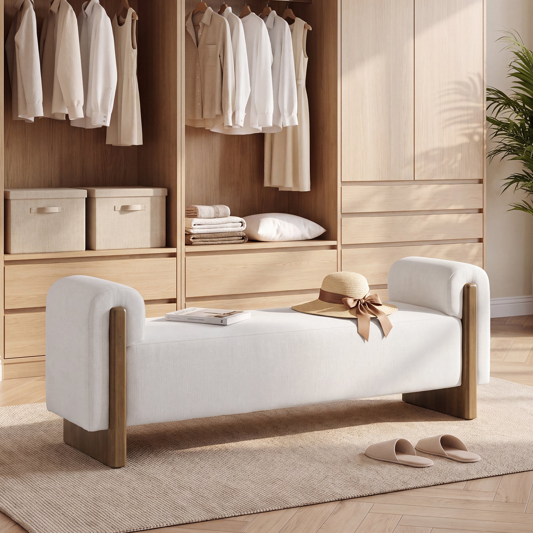 55" Upholstered Entryway Bench with Arms, Modern Cushion Seat, Solid Wood Base, Living Room