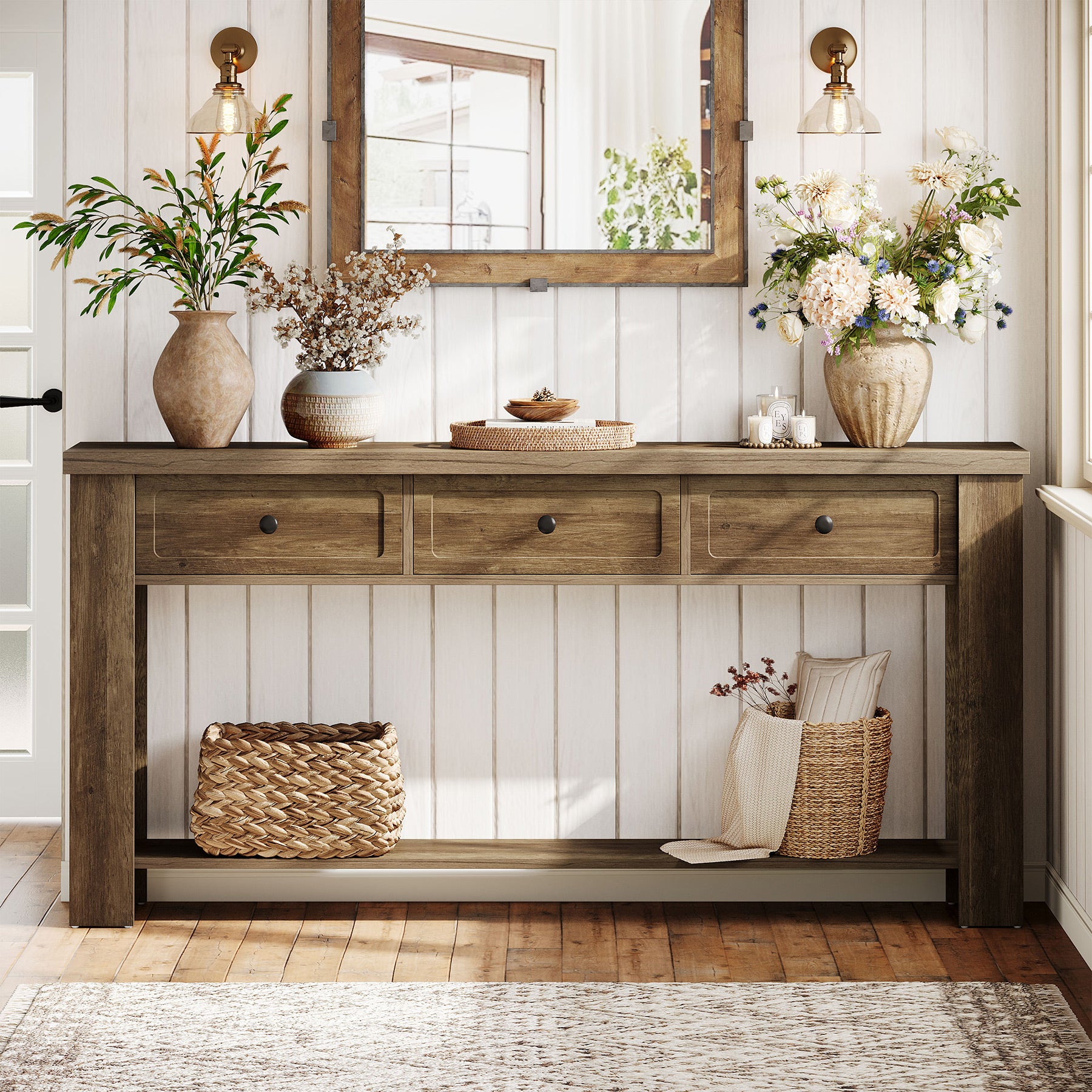 70.9" Extra-Long Console Table with 3 Drawers, Narrow Farmhouse Entryway Sofa Table with Shelf for Hallway or Behind Couch