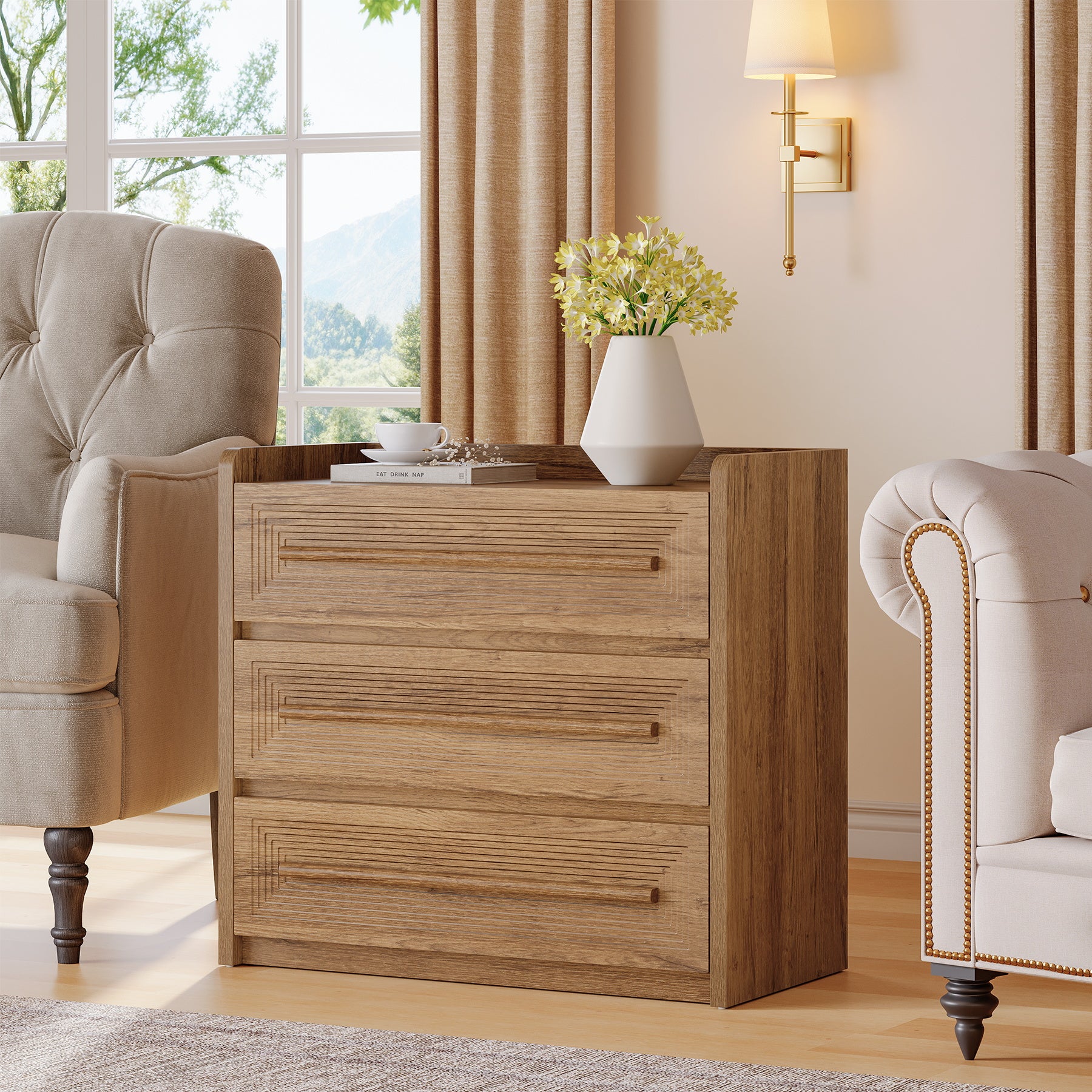 3-Drawer Nightstand, 32" Large Bedside Table Oversized End Table