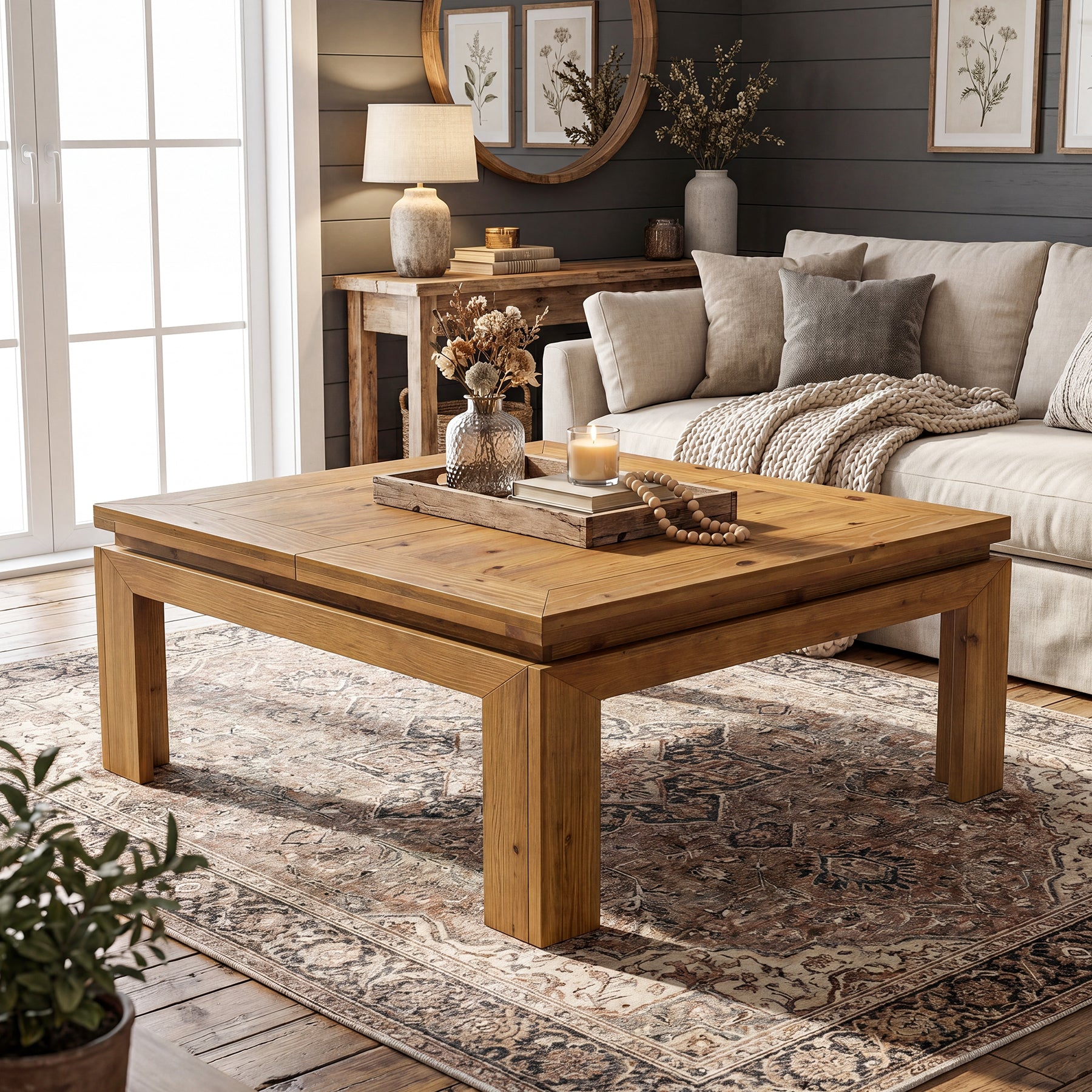 Tribesigns 39.4-Inch Square Coffee Table, Solid Wood Living Room Table