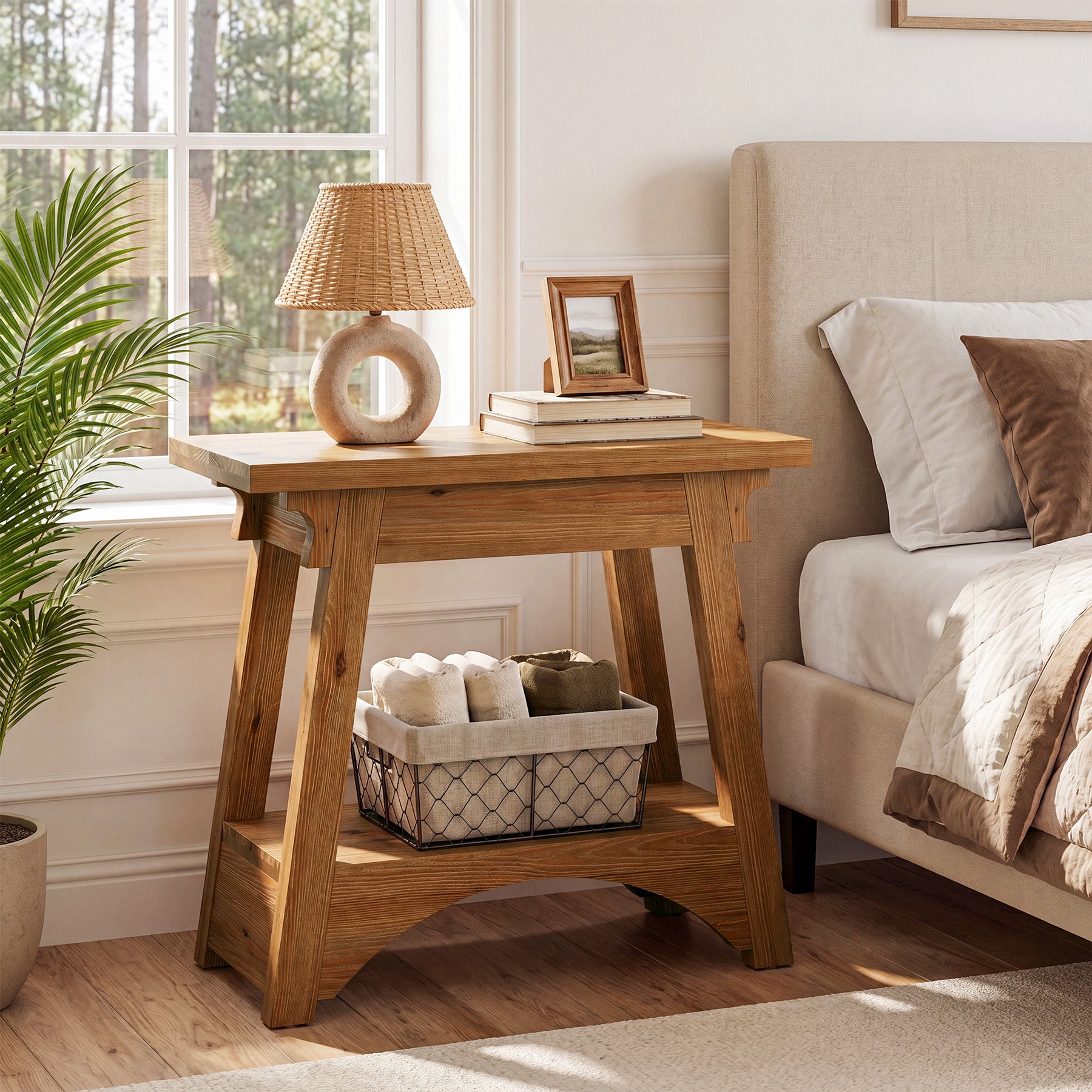 24.4" Solid Wood End Table, Narrow Farmhouse Nightstand for Small Spaces