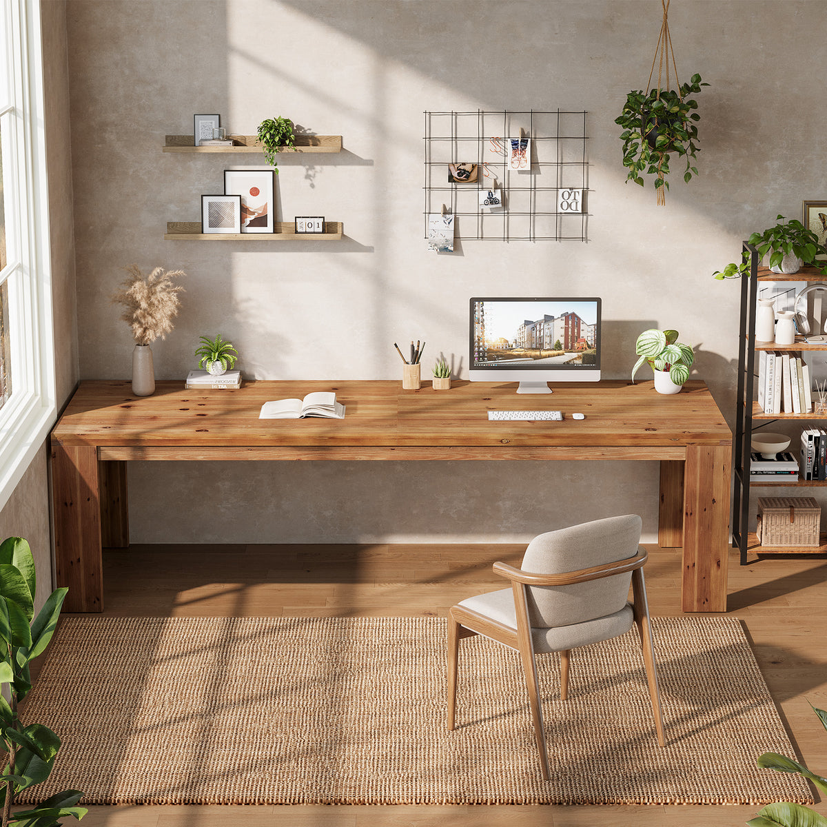 Solid Wood 2-Person Desk, 78.7" Computer Desk with Chunky Wood Legs for Home Office