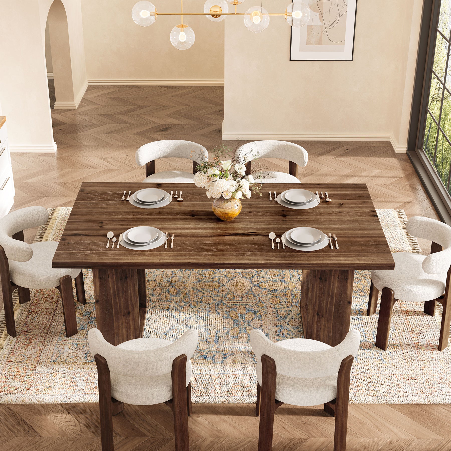 63" Solid Wood Dining Table, Rectangle Kitchen Table with U-Shaped Frames for 4-6