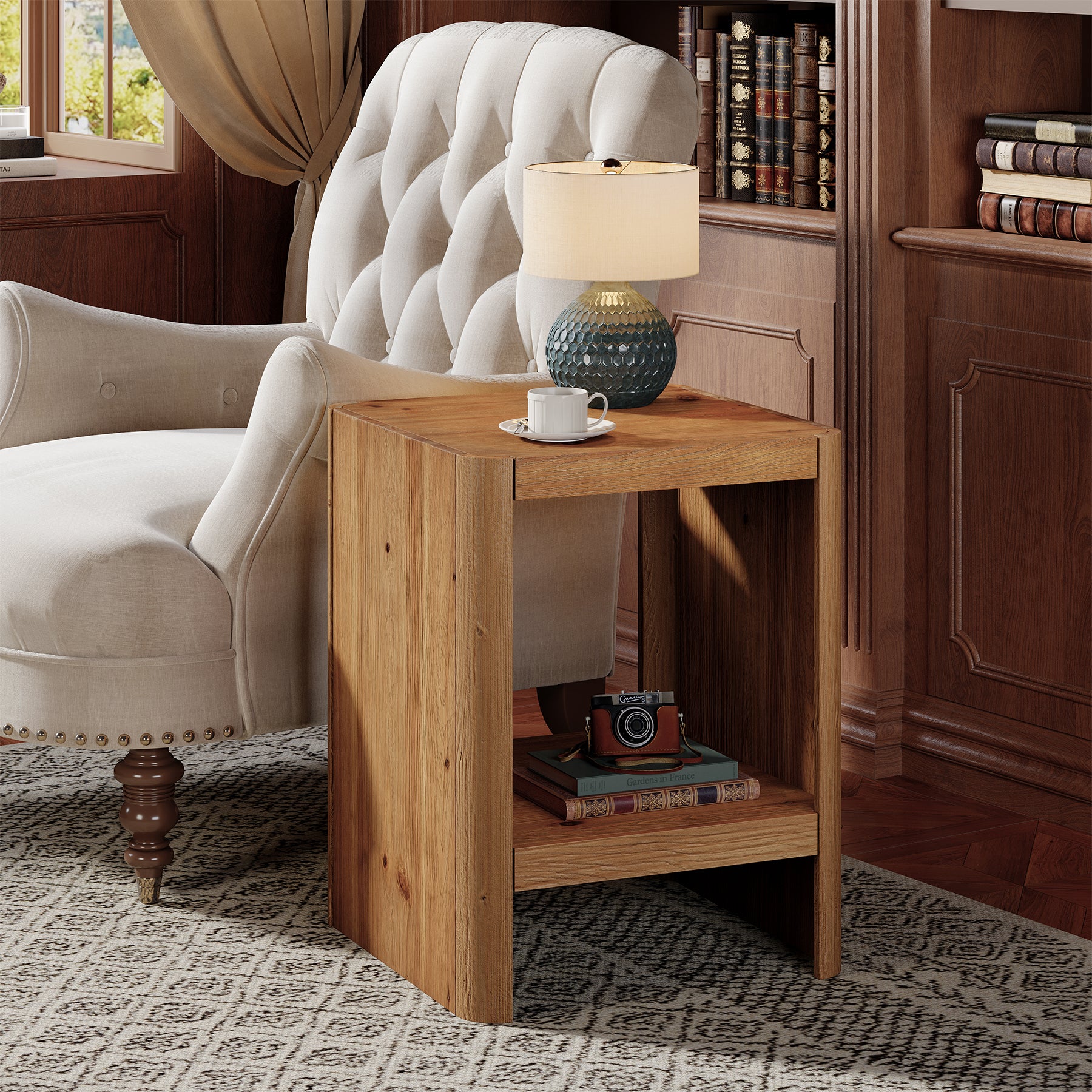 Solid Wood End Table, 2-Tier Side Table with Rounded Edges for Living Room