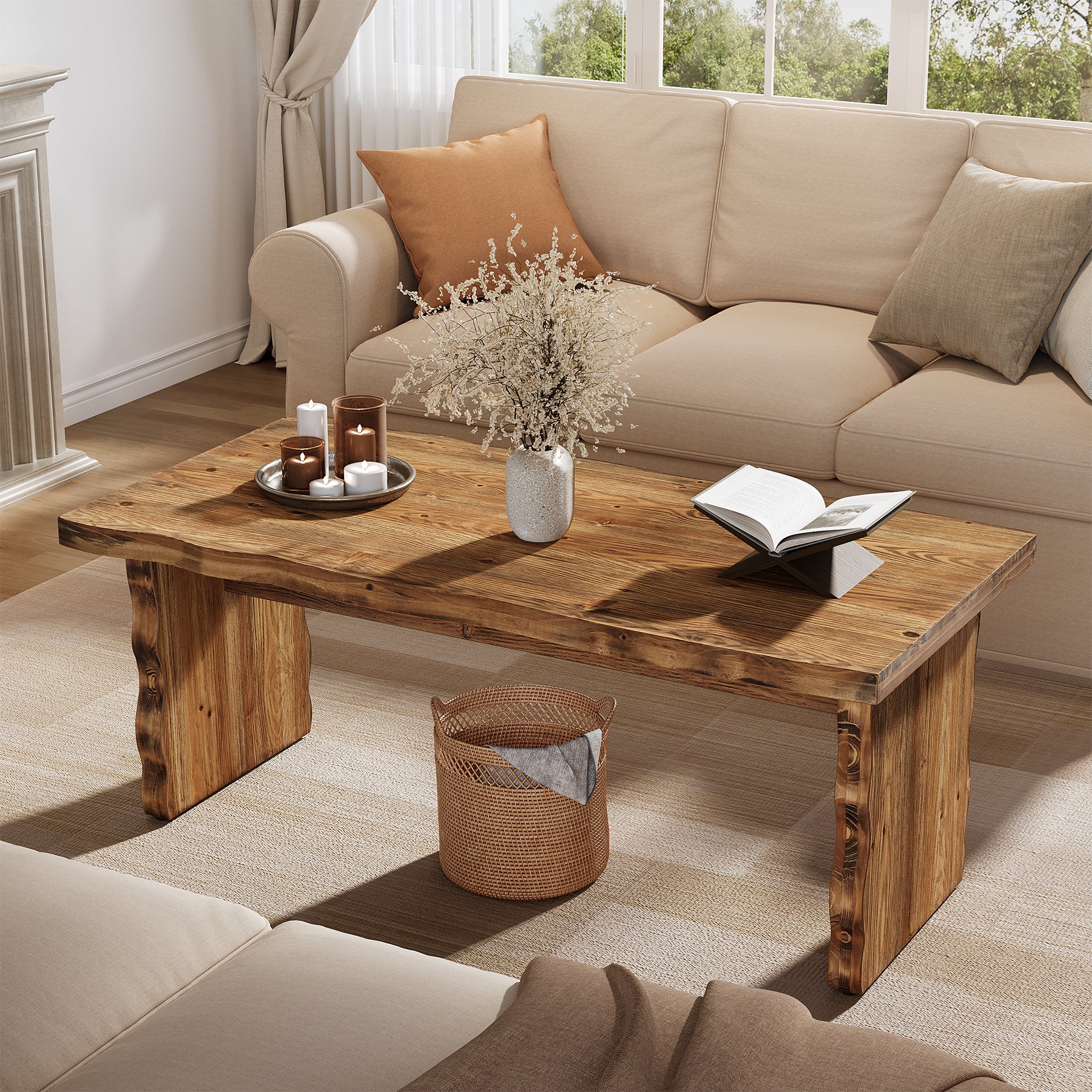 47.24" Solid Wood Coffee Table, Rectangular Center Table For Living Room