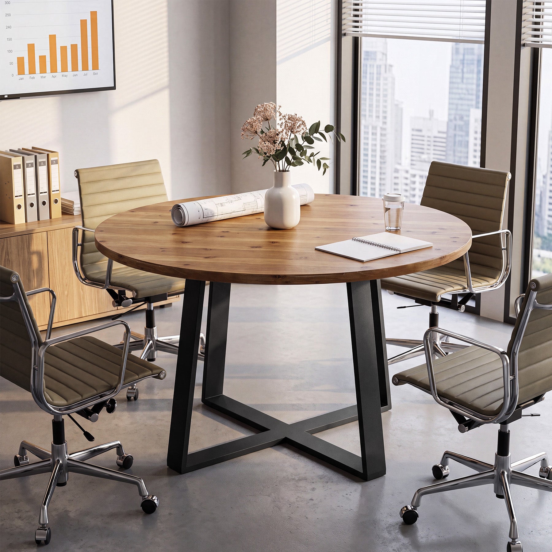 47" Round Conference Table, Solid Wood Meeting Table for Conference Room