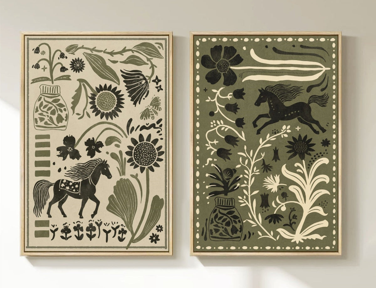 Tribesigns 2-Piece Modern Boho Horse Wall Art, Earthy Green Canvas Prints for living room