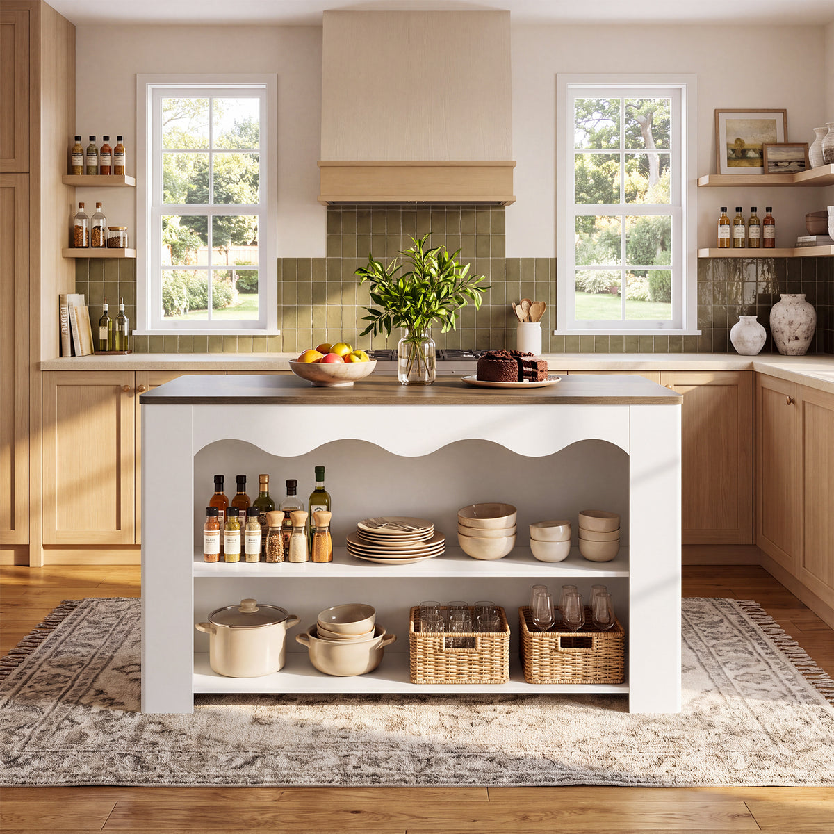 59" Modern Kitchen Island with Storage & Seating Space, 3-Tier Stationary Island Table
