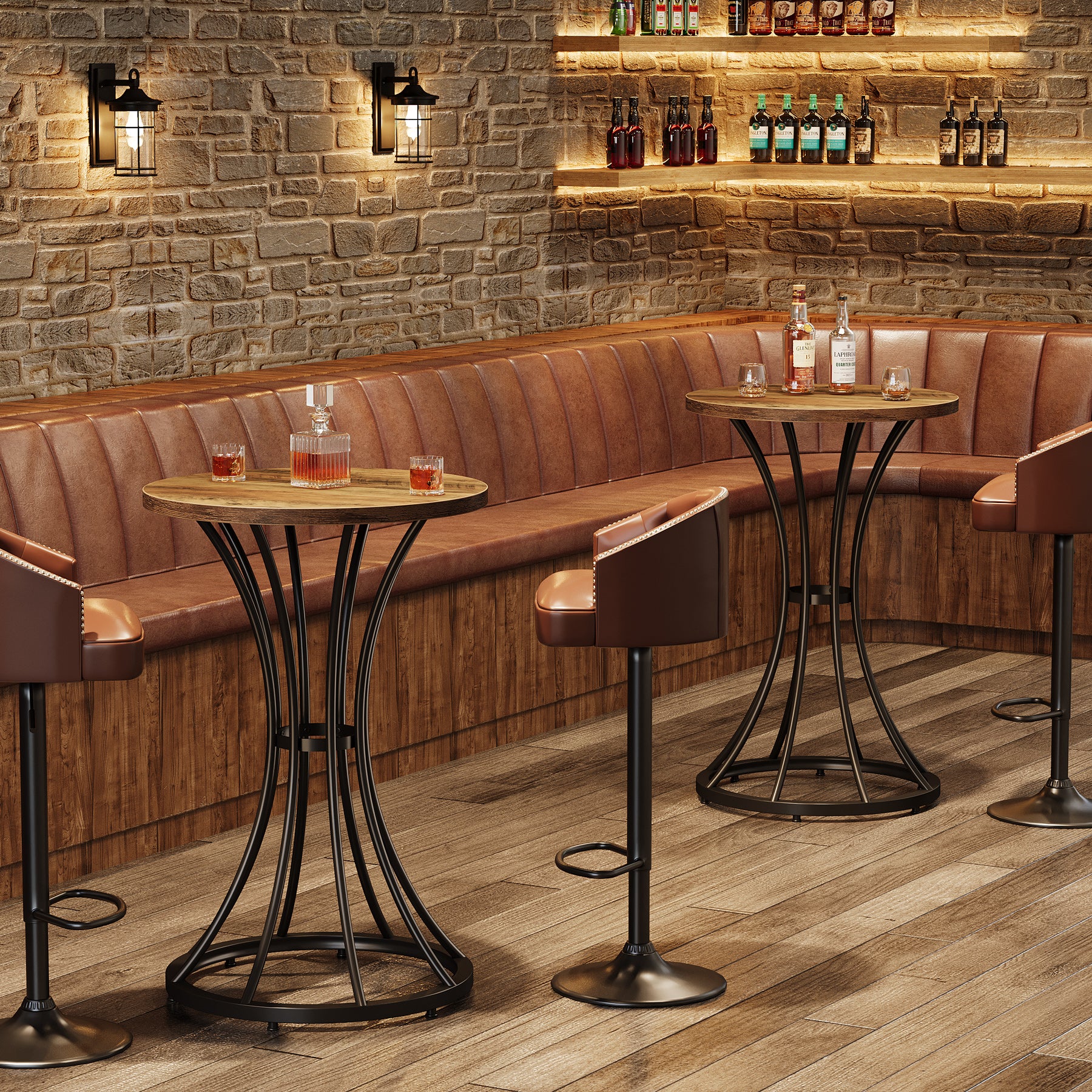 Round Bar Table for 2, 37.4" H Cocktail Table with Curved Metal Base