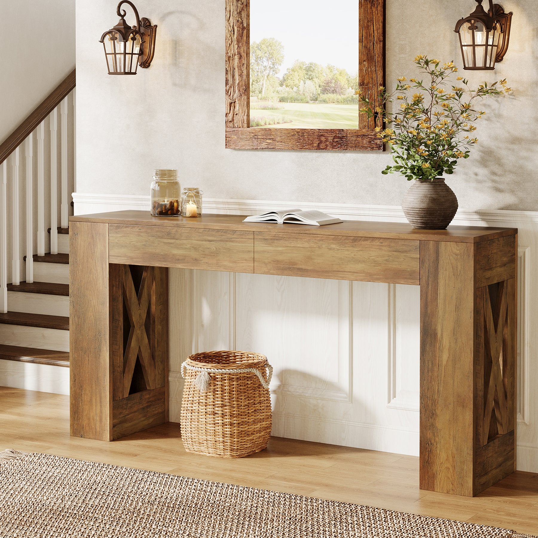 63" Console Table, Narrow Sofa Table with 2 Drawers and X-Shaped Legs