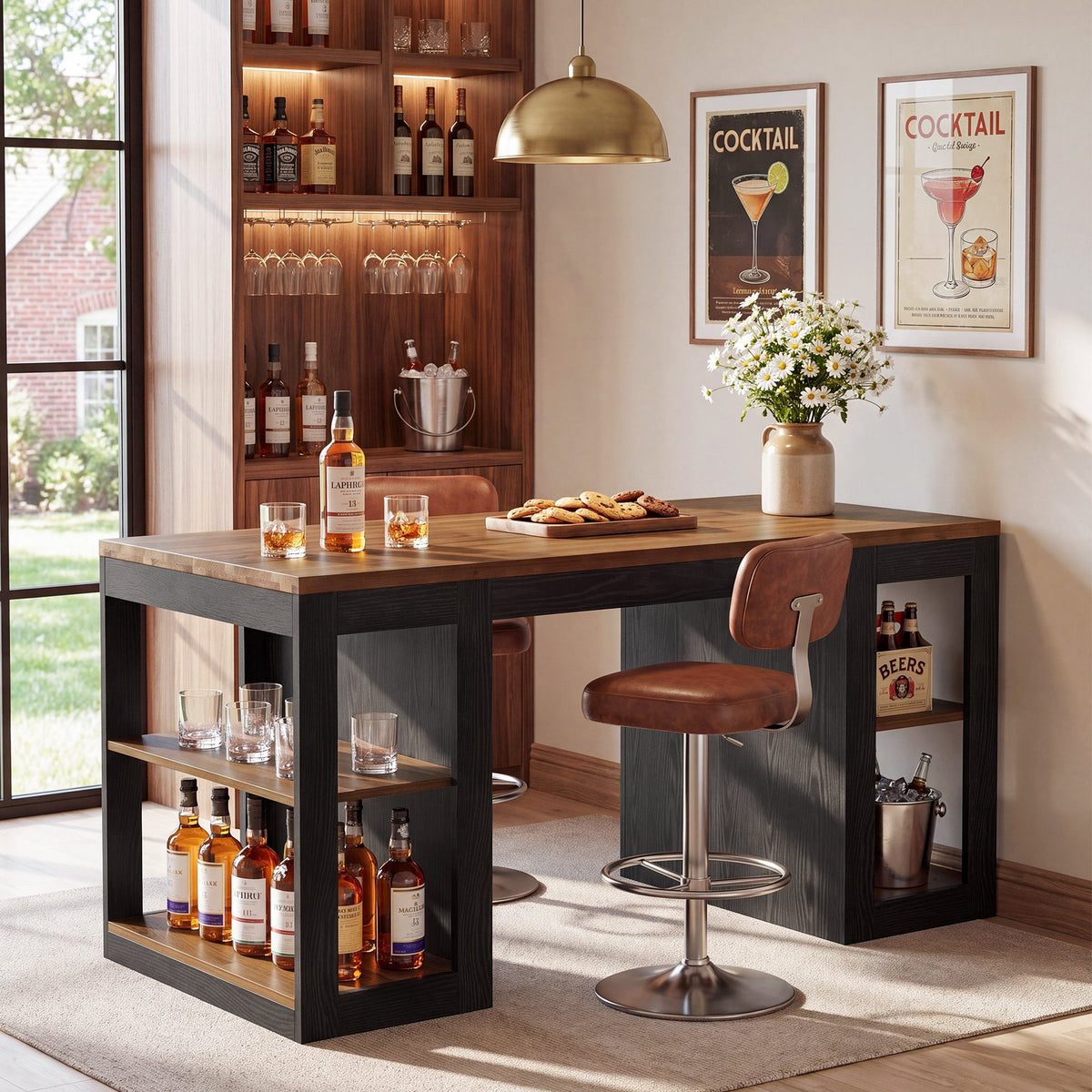 63" Solid Wood Counter Height Bar Table with 2-Tier Storage & Thick Top