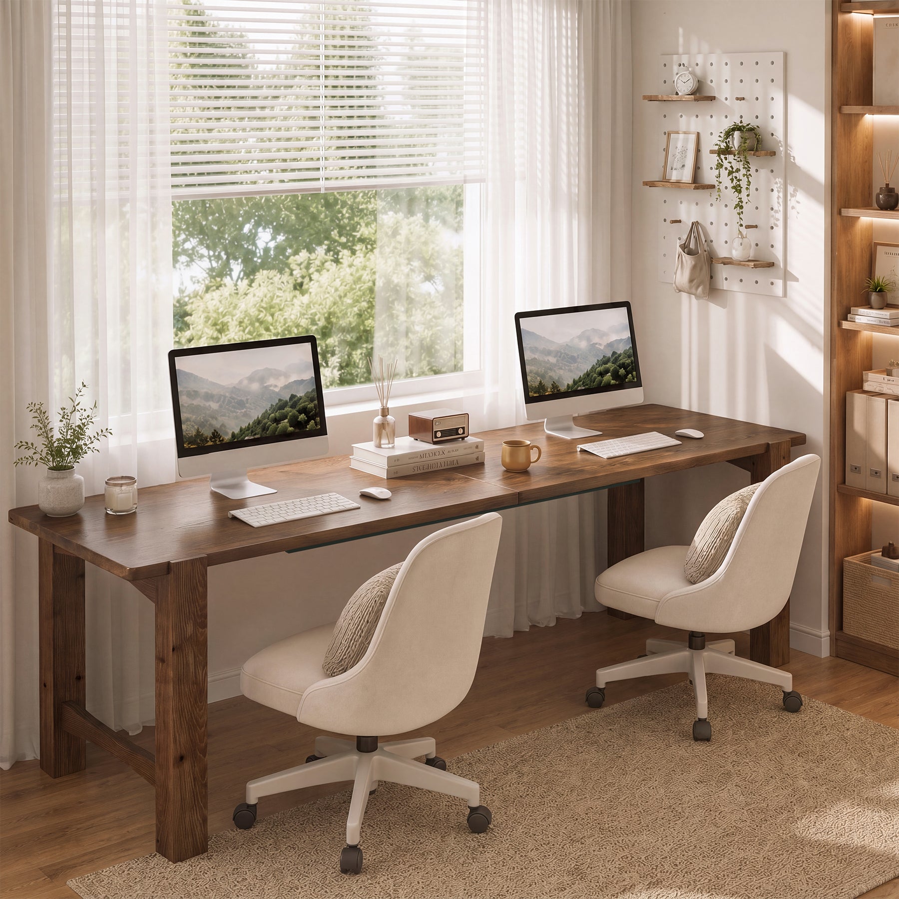 79" Extra Long 2 Person Desk, Farmhouse Solid Wood Computer Desk, Thick Legs, Home Office
