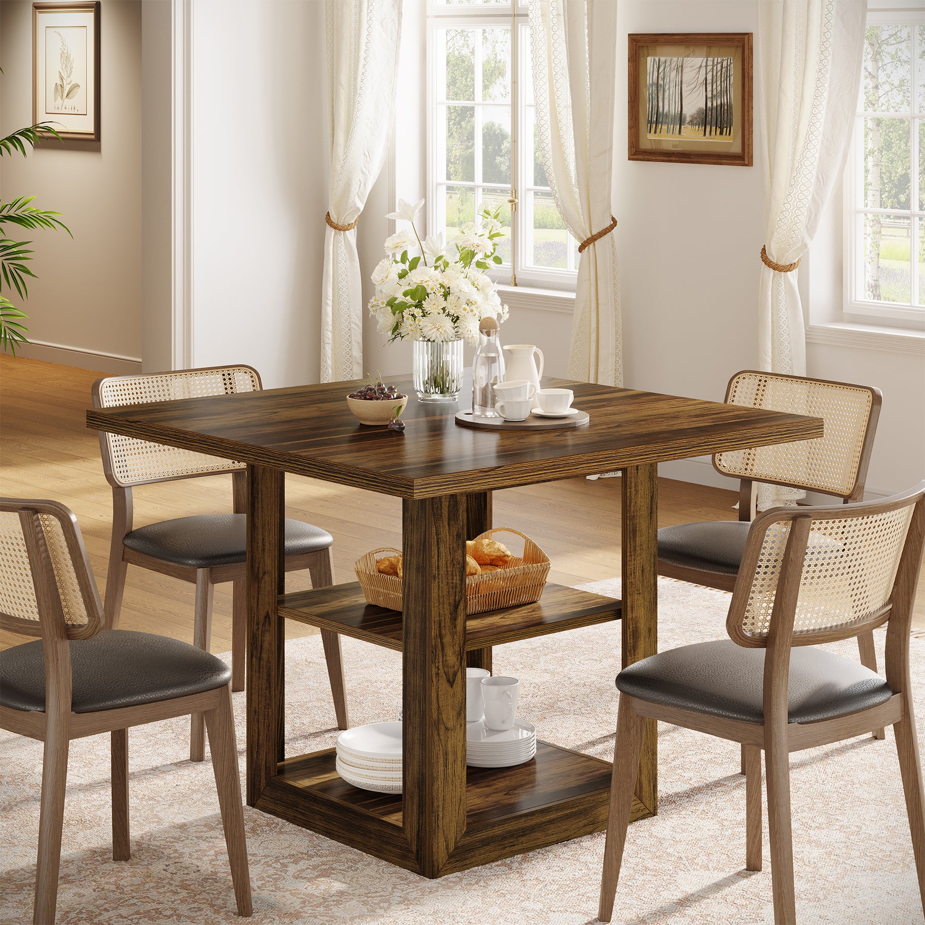 31.1" Square Dining Table for 4, Farmhouse Kitchen Table with 2-Tier Storage Shelf