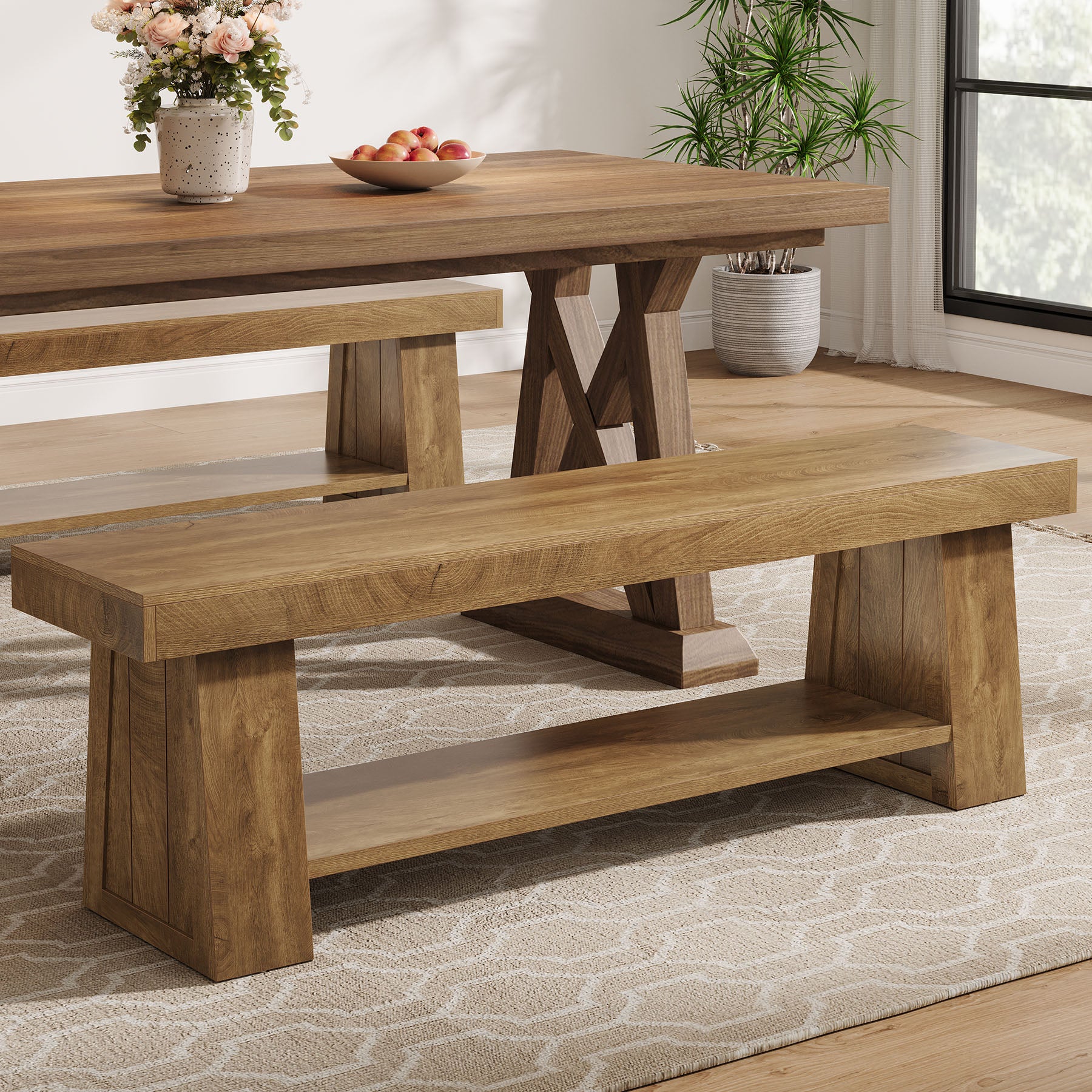 63" Entryway Bench with Storage Shelf, 2-Tier Hallway Shoe Bench