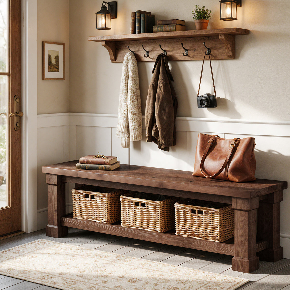 59" Solid Wood Entryway Bench with Shoe Storage, Farmhouse End of Bed Bench