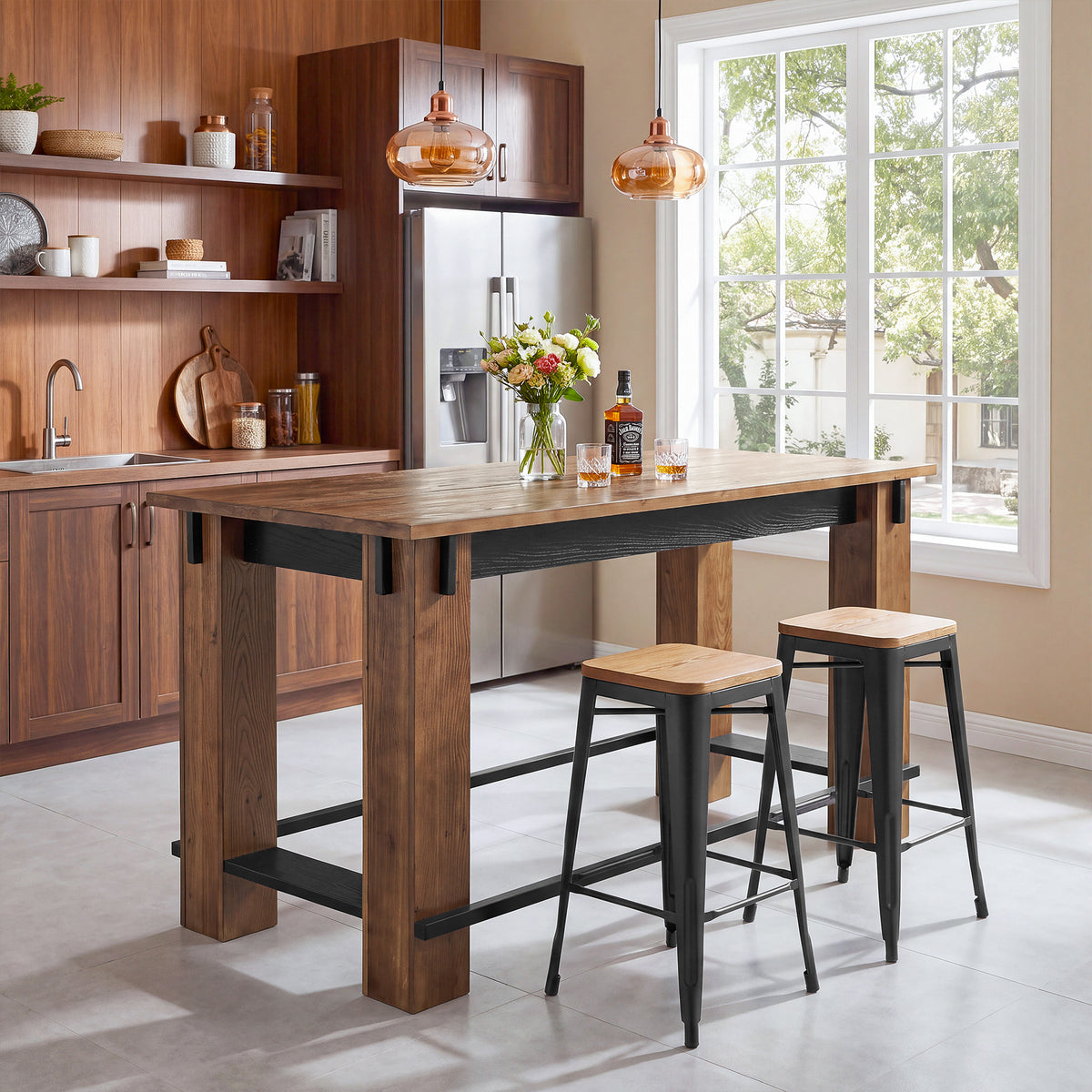 63" Farmhouse Industrial Kitchen Island with Footrest, Counter Height Solid Wood
